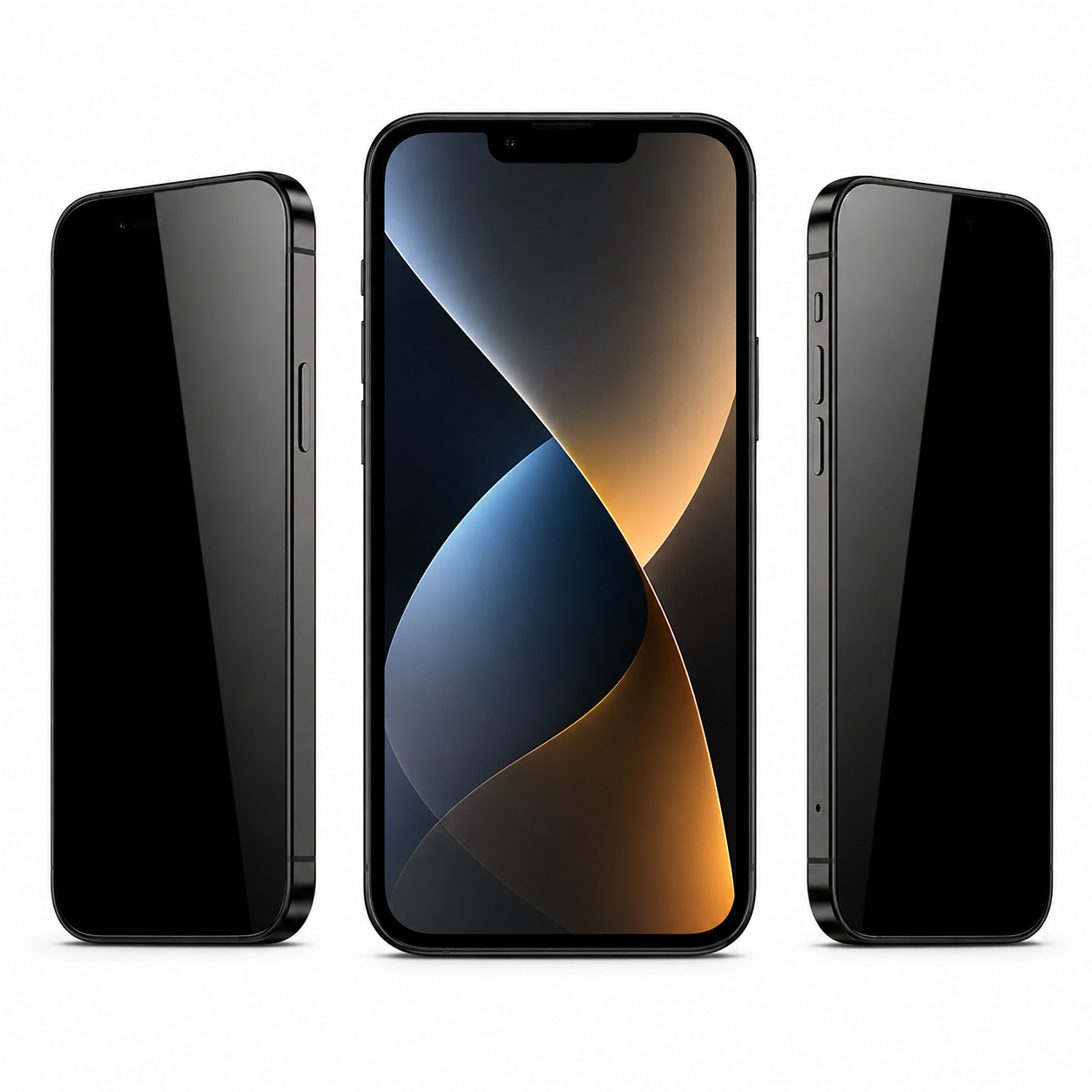 Drei schwarze iPhones nebeneinander auf weißem Hintergrund.