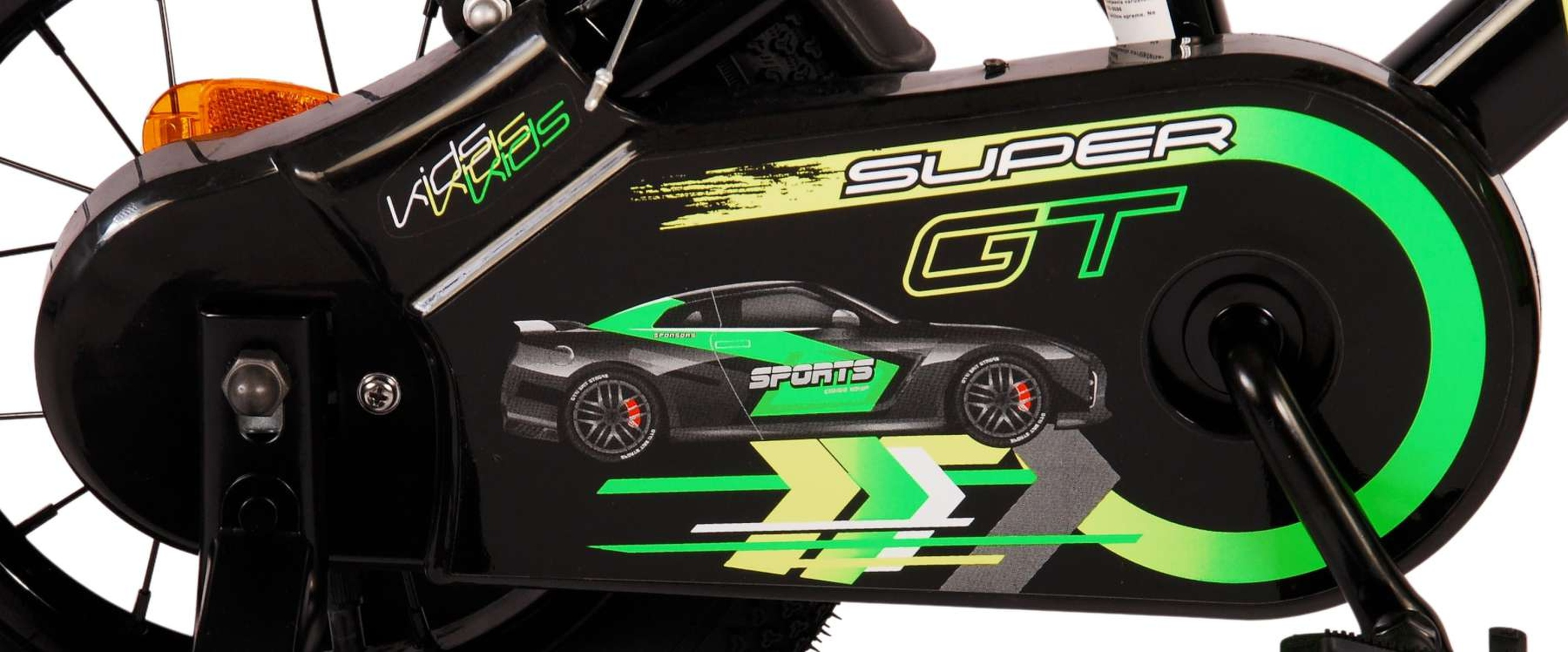 Schwarzer Fahrradkettenschutz mit Grafik eines grünen Sportwagens und 'SUPER GT'.