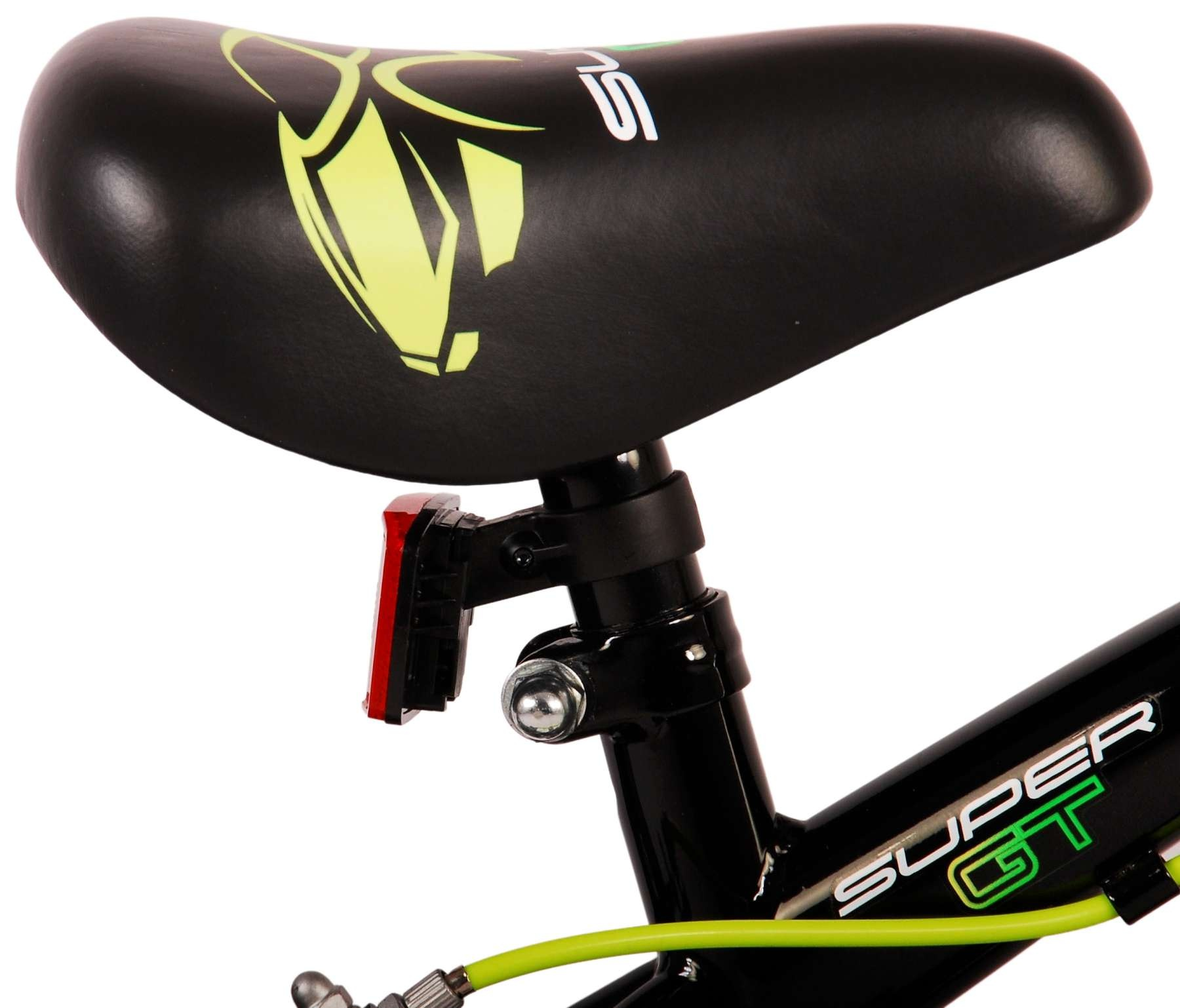 Schwarzer Fahrradsattel mit gelbem Logo, roter Rückleuchte und Schriftzug SUPER GT.
