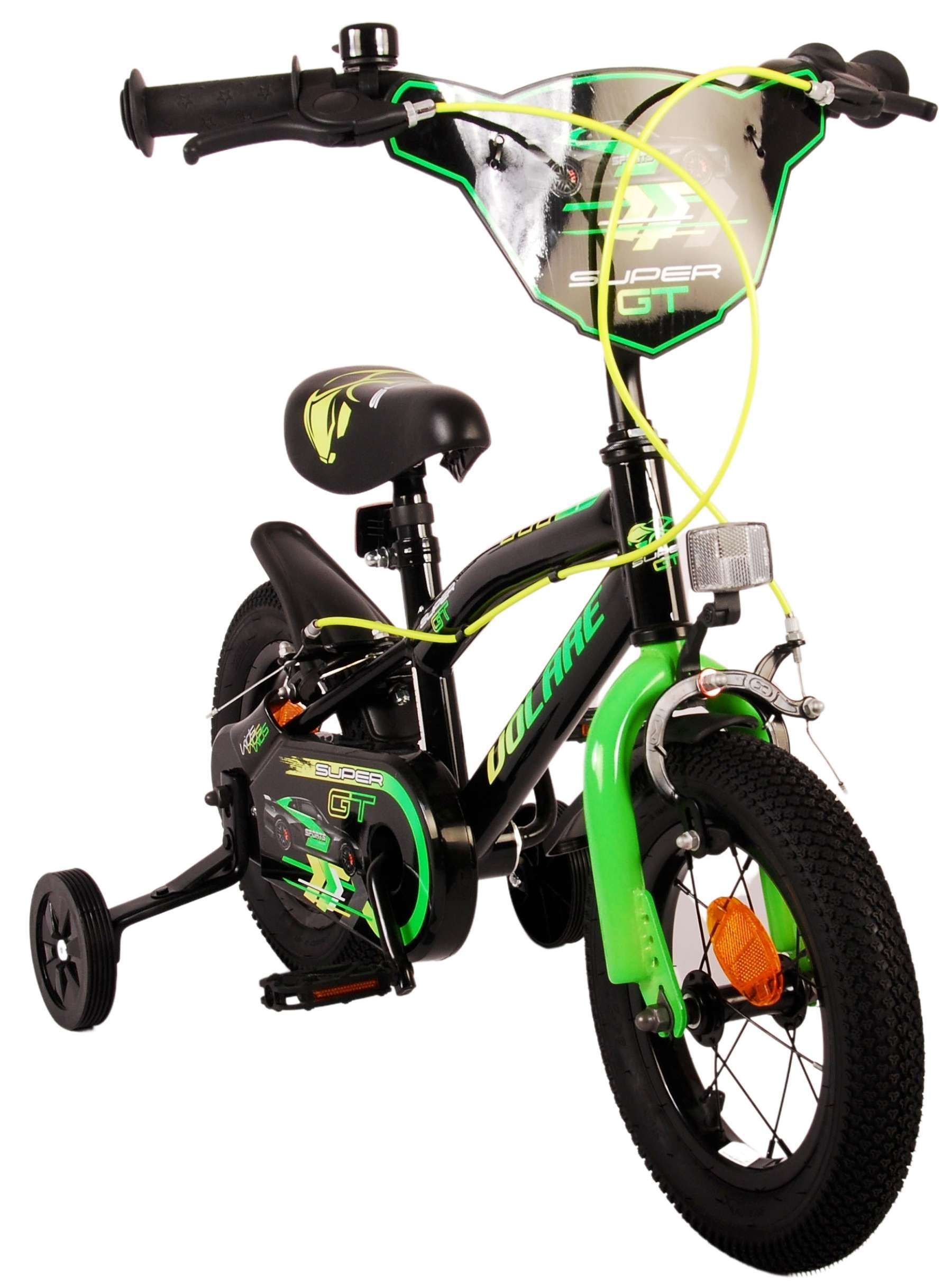 Schwarzes Kinderfahrrad mit grünen Akzenten, Stützrädern und 'Super GT'-Grafiken.