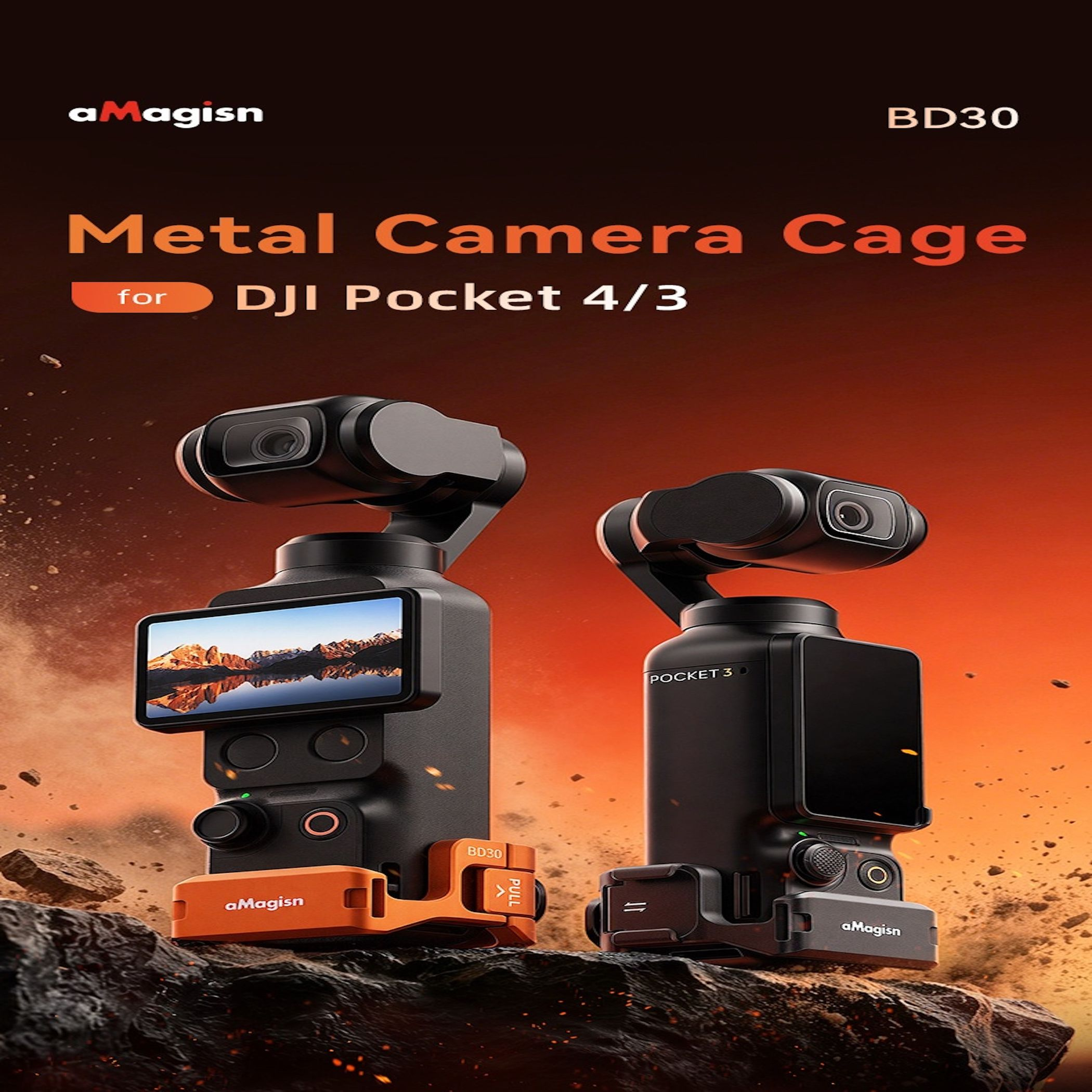 Zwei schwarze Kamerakäfige für DJI Pocket 4/3 auf Felsen vor orangem Hintergrund.