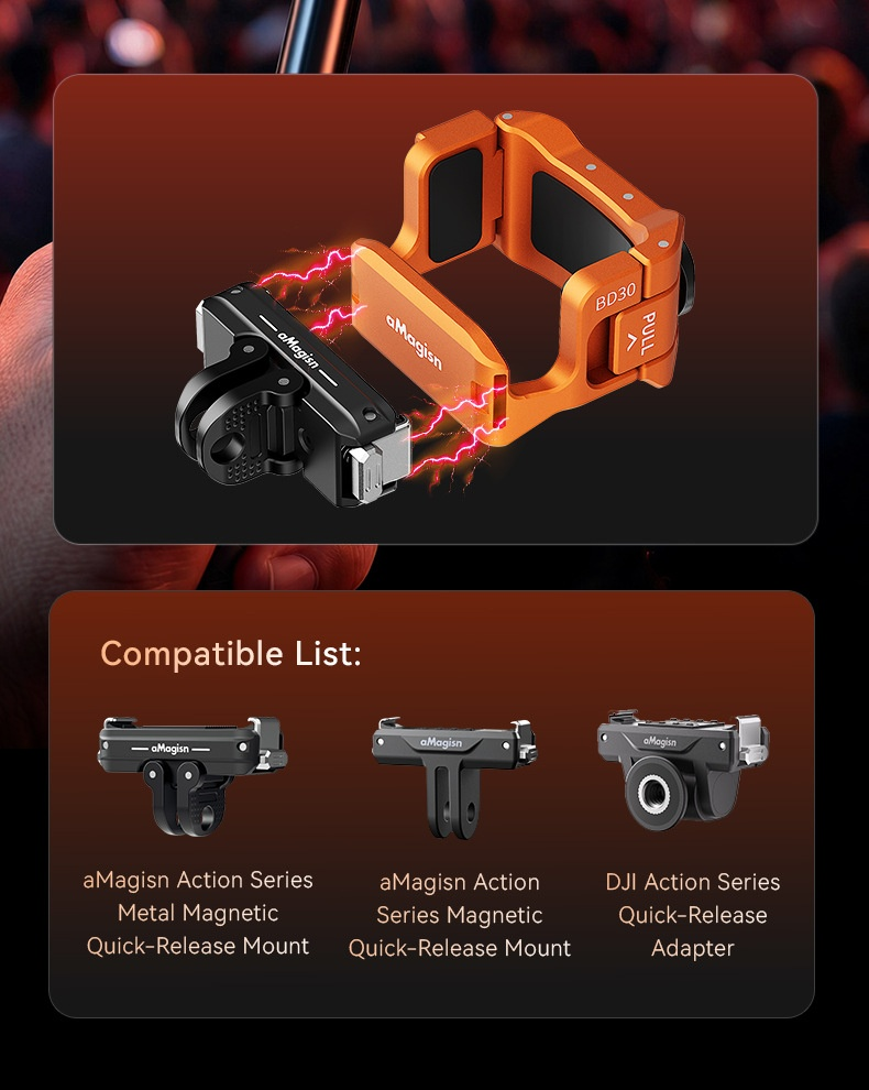 Ein orangefarbener und schwarzer magnetischer Schnellverschluss für Kameras.