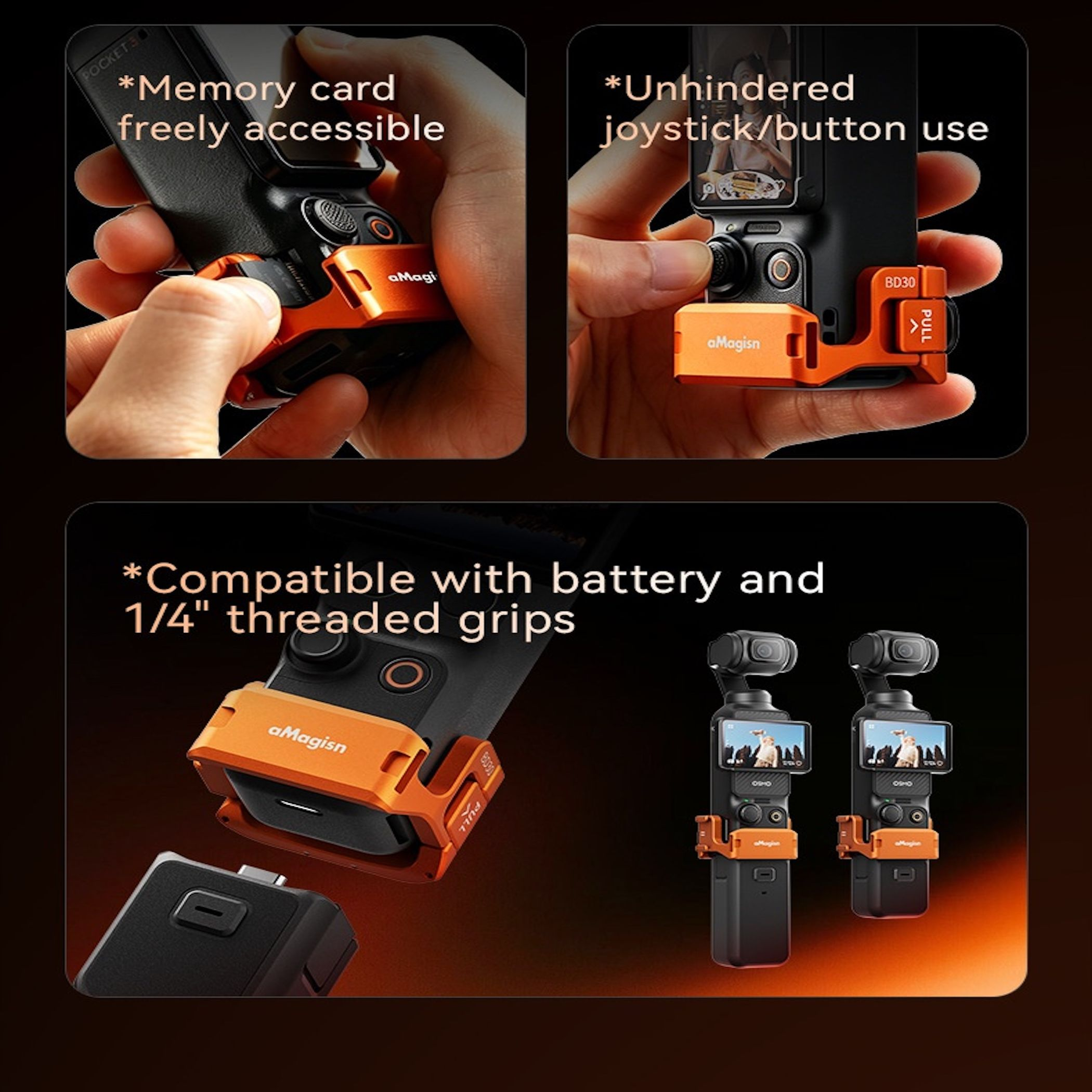 Orange Halterung für Kamera-Zubehör. Speicherkarten- und Joystick-Zugang.