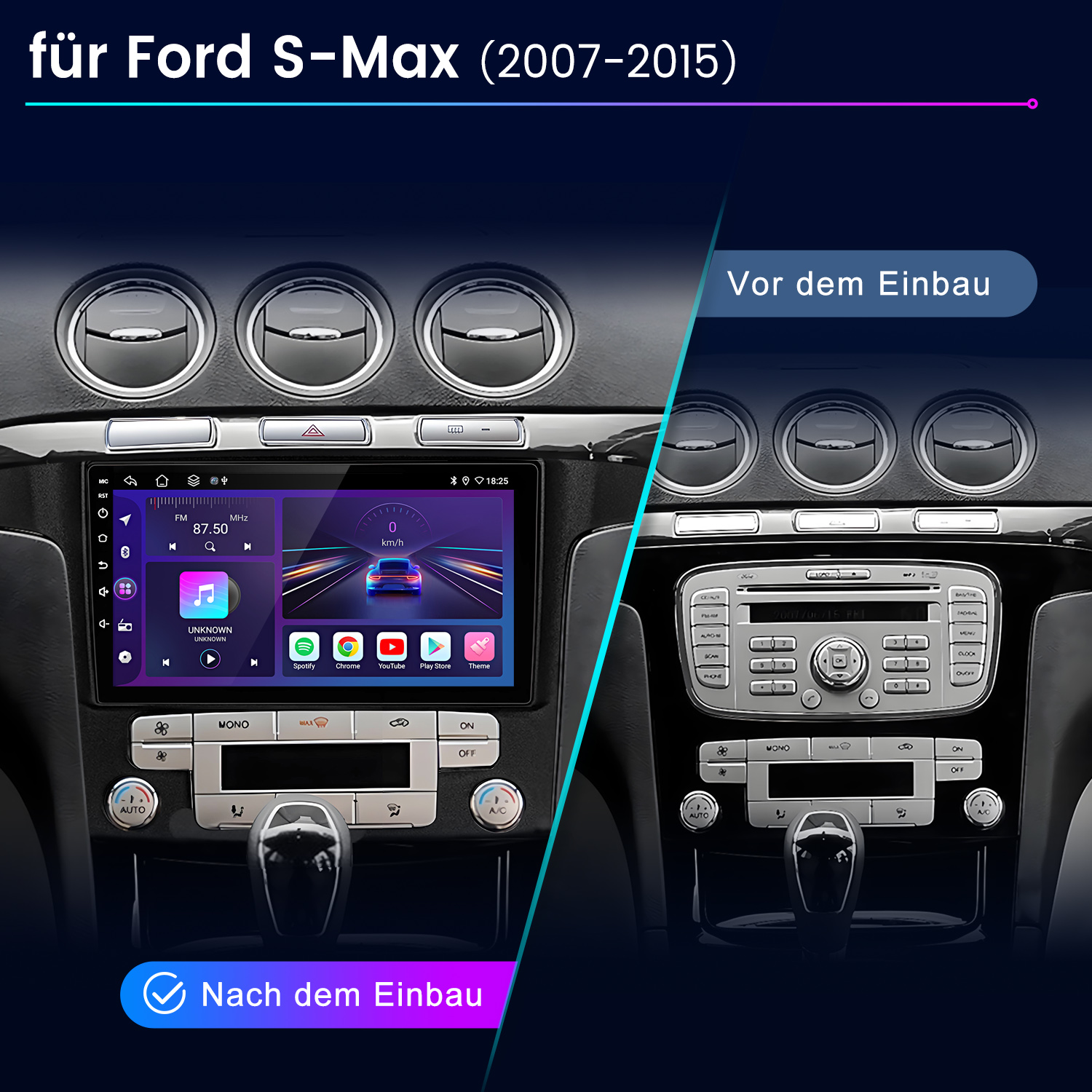 Vergleich eines Ford S-Max Armaturenbretts: Vor und nach dem Einbau eines neuen Radios.