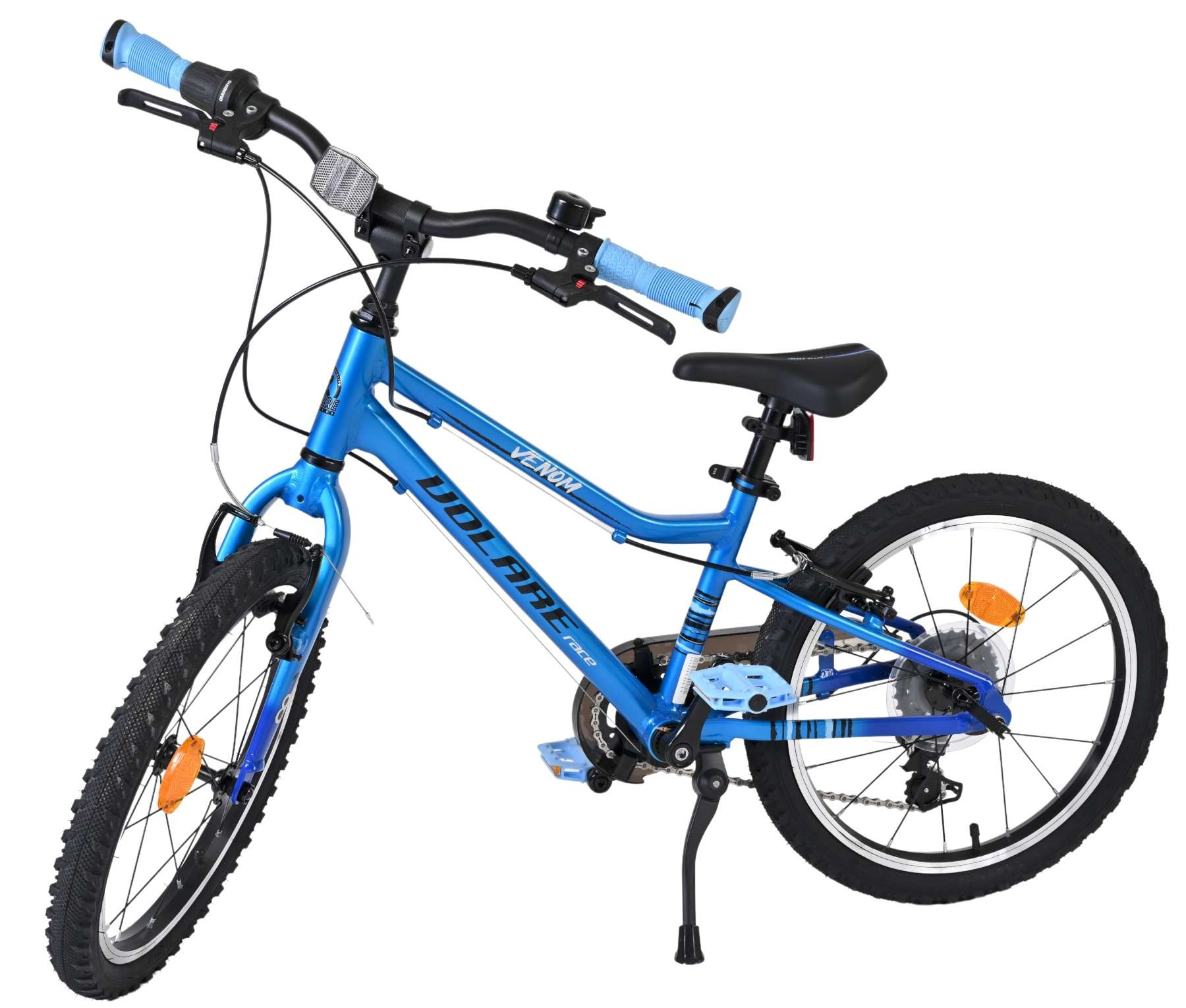Blaues Volare Venom Kinderfahrrad mit hellblauen Griffen, schwarzem Sitz und Ständer.