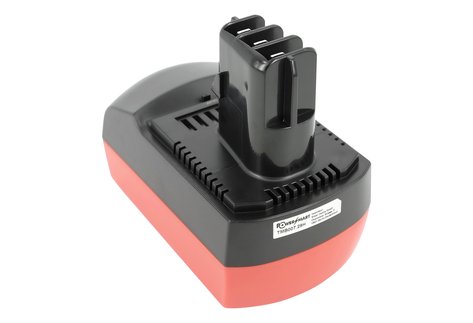 Ein schwarzer und roter Akku mit drei Kontakten oben, beschriftet mit POWER MART TMB007.29H.