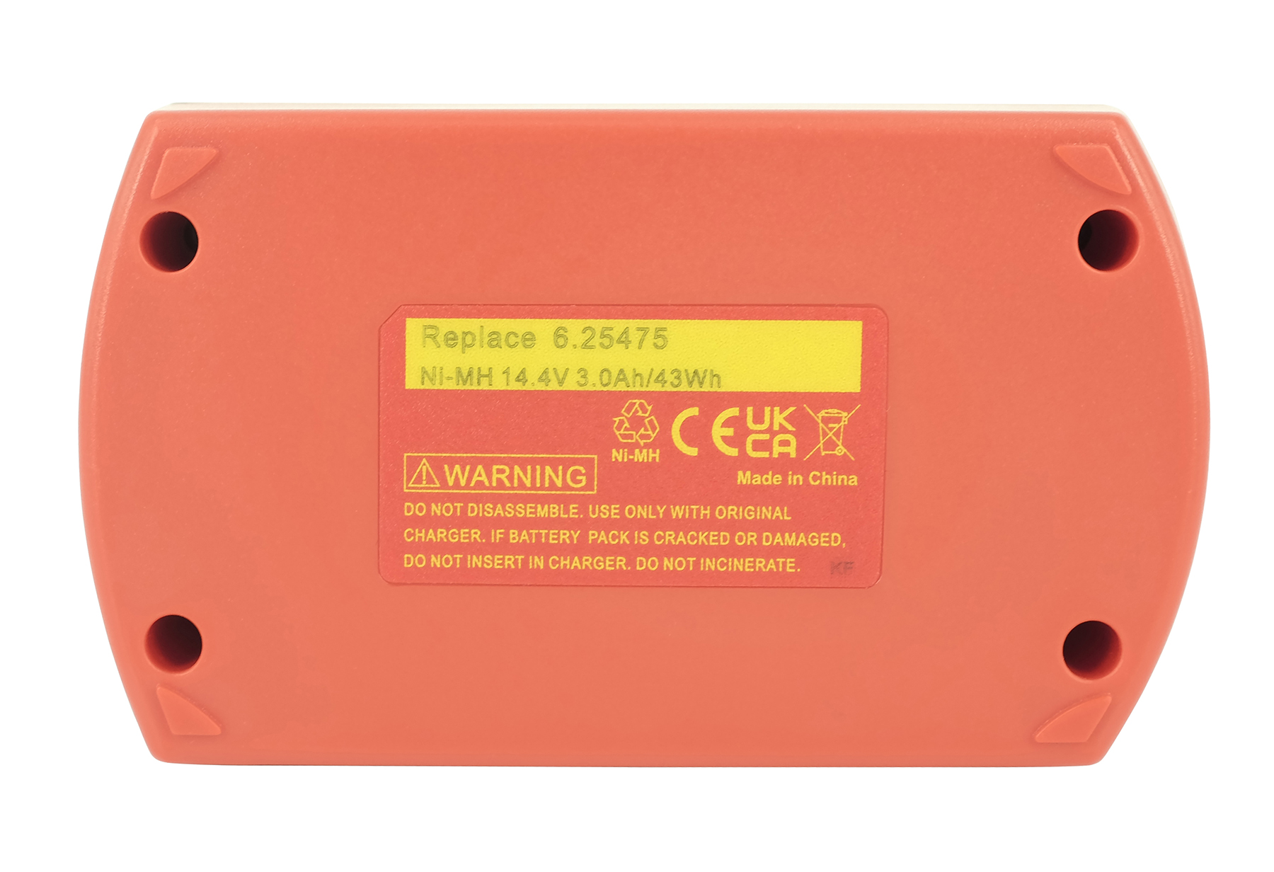 Orange Batterie mit Warnhinweisen und CE/UKCA-Zeichen. Ni-MH 14,4V.