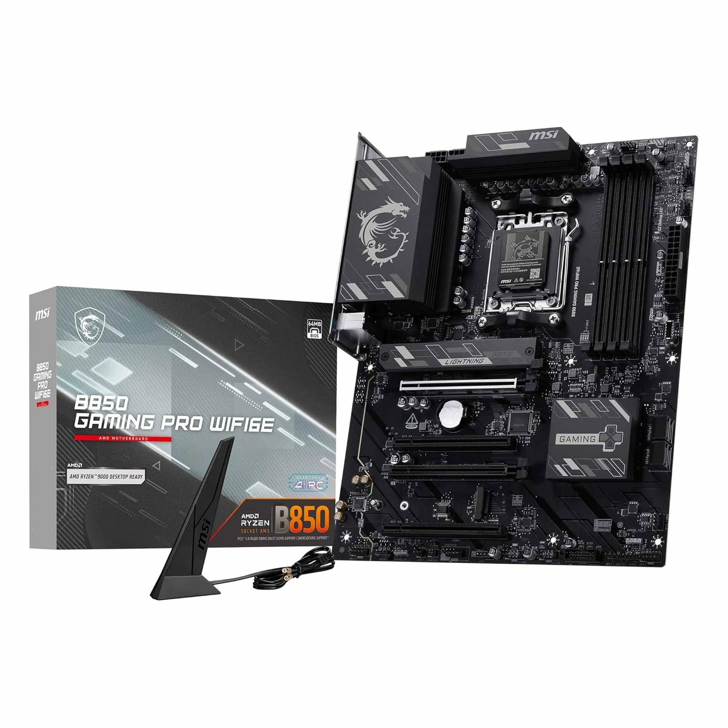 MSI B850 Gaming Pro WiFi6E anakart, kutusu ve anteniyle birlikte.