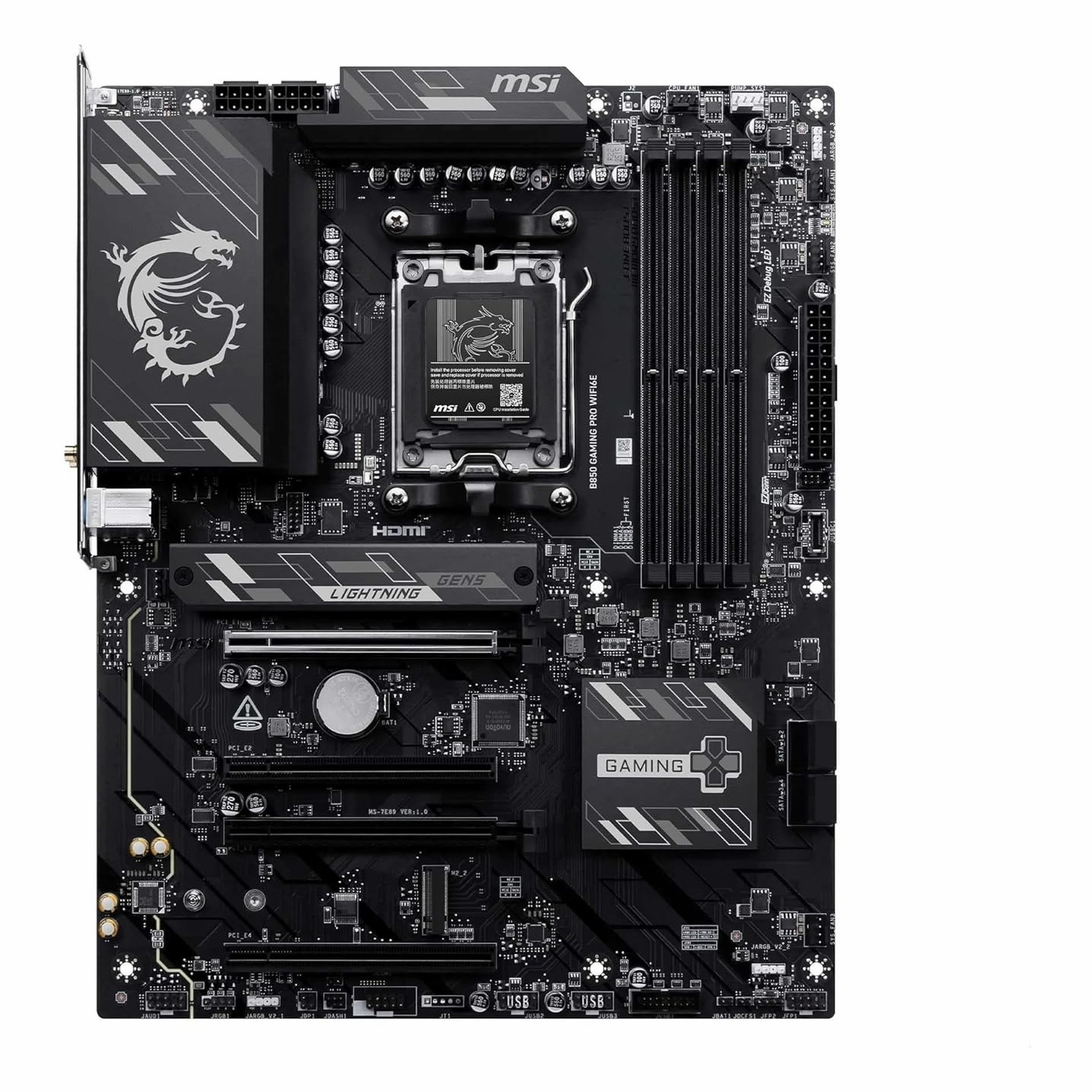 CPU soketi, RAM yuvaları ve konektörlere sahip siyah bir MSI B850 Gaming Pro WiFi anakart.