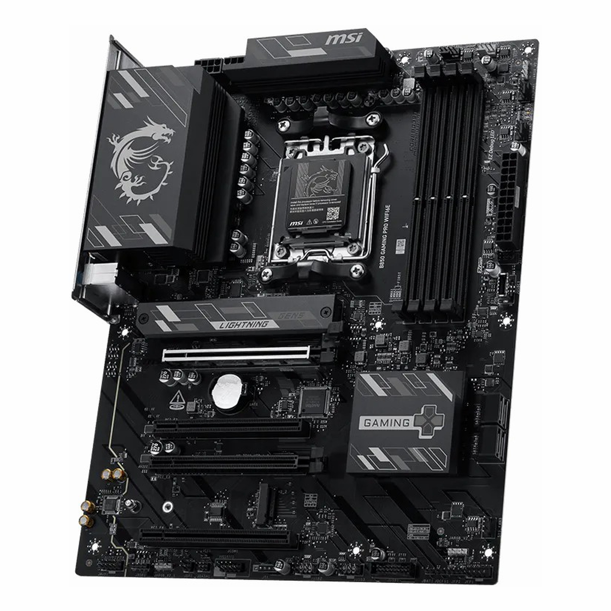 CPU soketi, RAM yuvaları ve soğutucuları olan siyah MSI Gaming anakart.