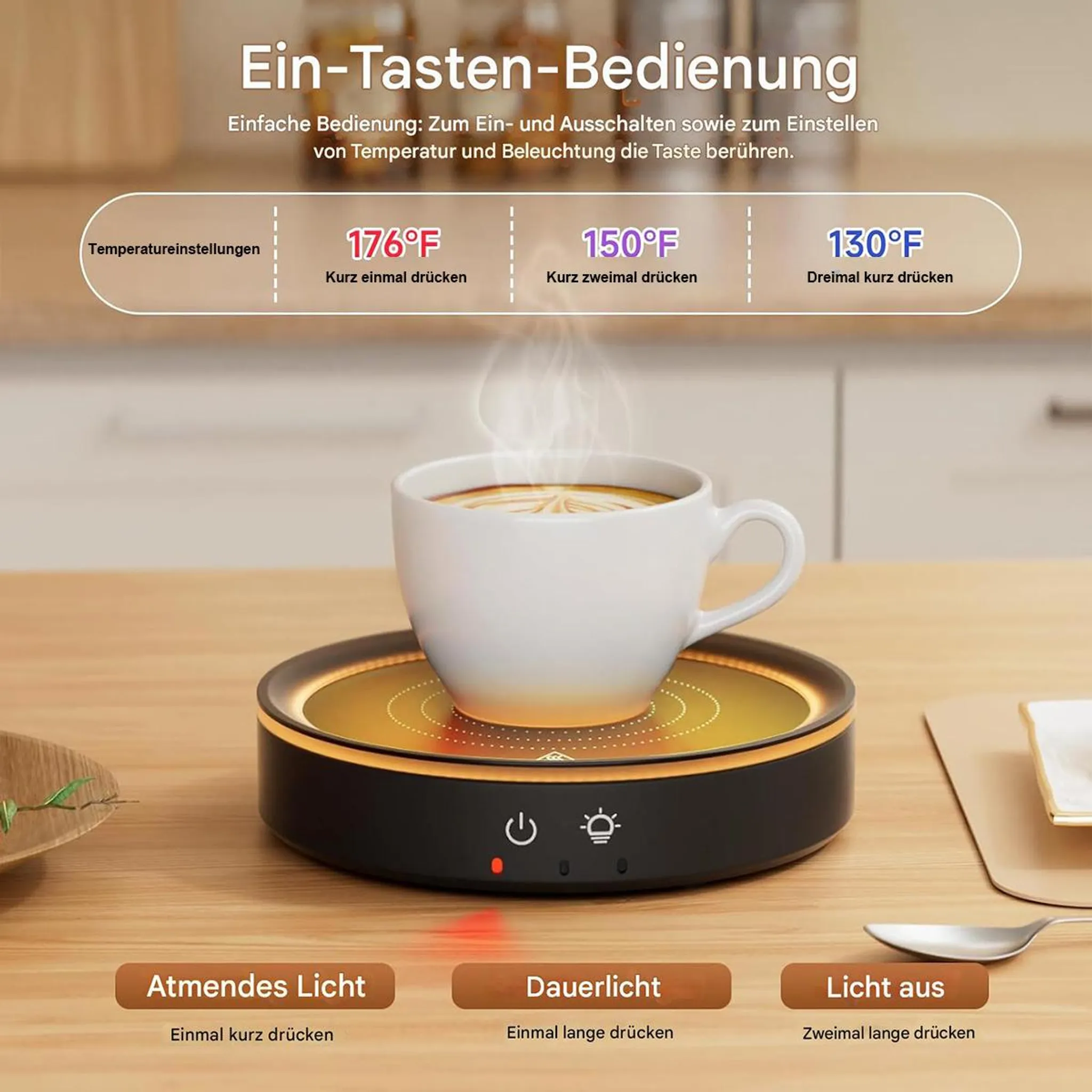Eine weiße Tasse mit dampfendem Kaffee auf einem Heizgerät mit Temperaturanzeigen.
