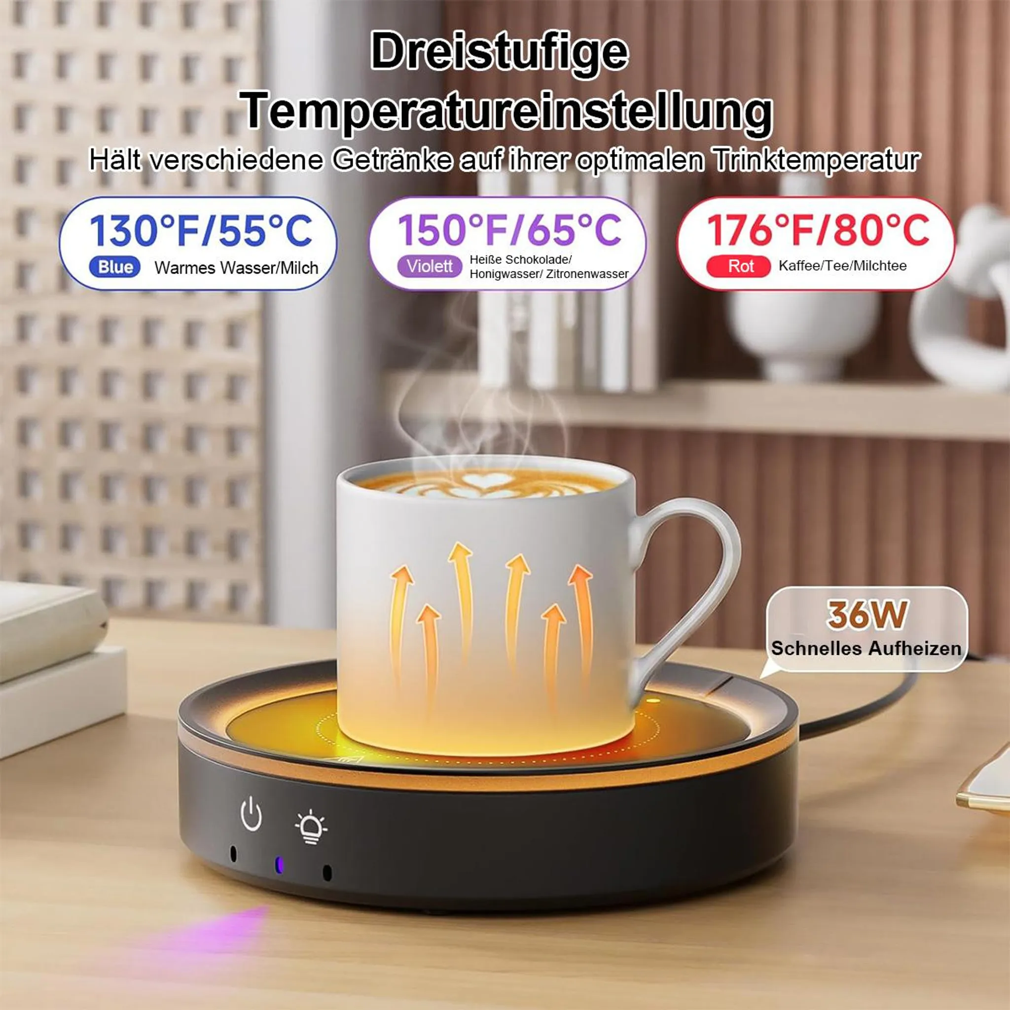 Tasse mit warmem Getränk auf einem Heizgerät mit drei Temperatureinstellungen und Pfeilen.
