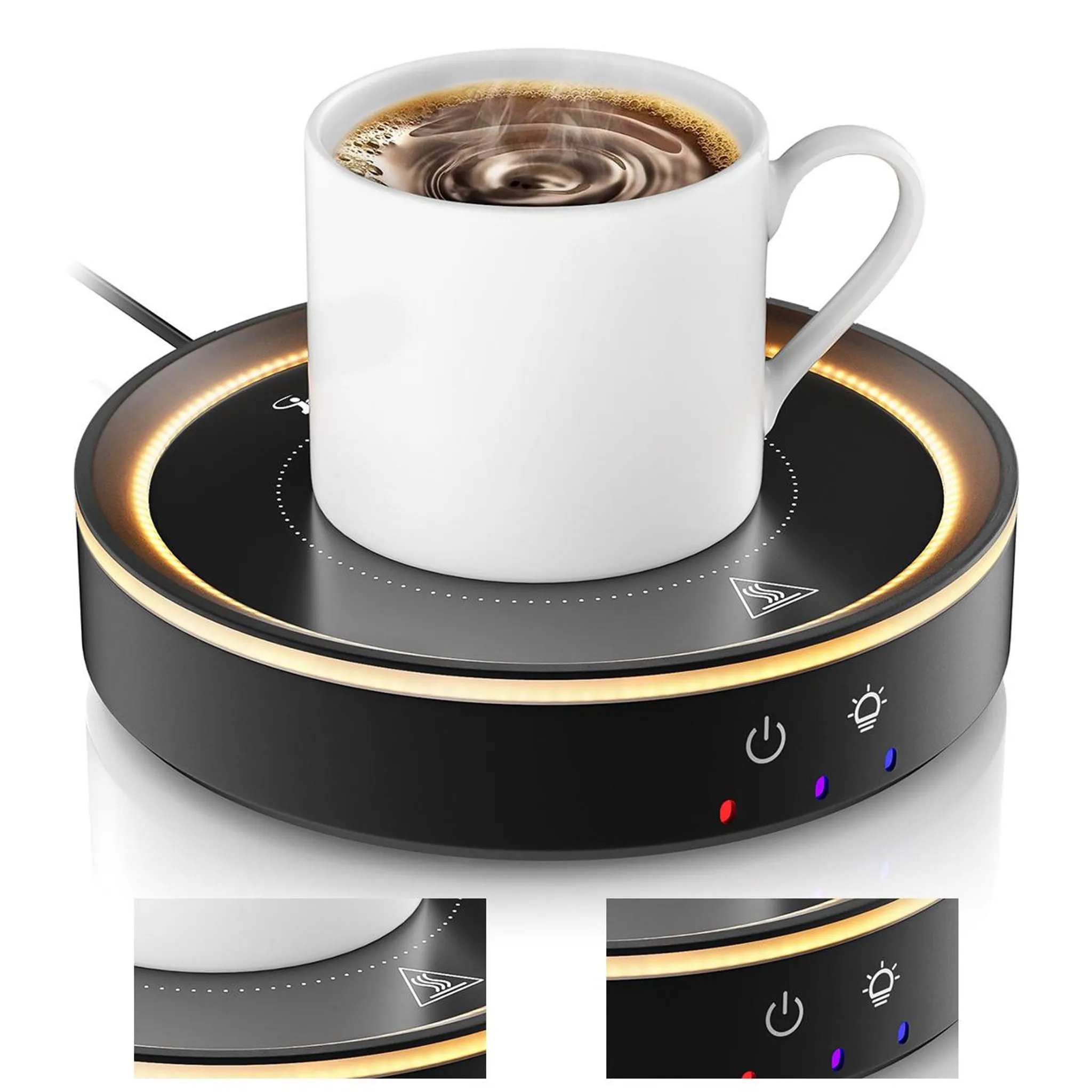 Eine weiße Tasse Kaffee steht auf einer schwarzen Heizplatte mit Lichtern.