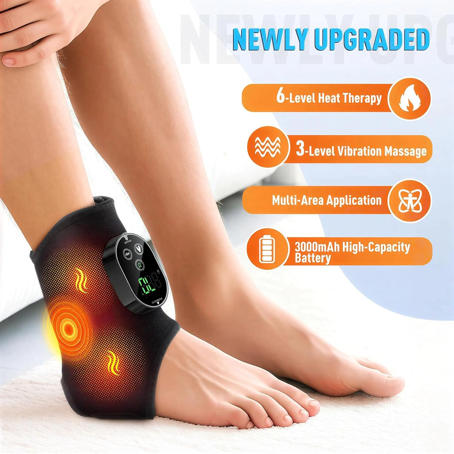 Ein Mann trägt eine schwarze Knöchelbandage mit Heizelementen und einem digitalen Display.