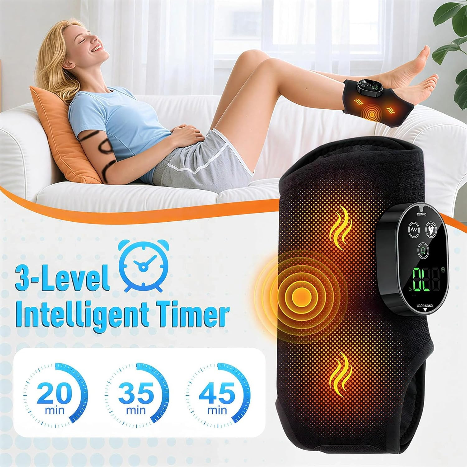 Frau entspannt auf Sofa mit Heizkissen am Bein und Timer-Anzeige.