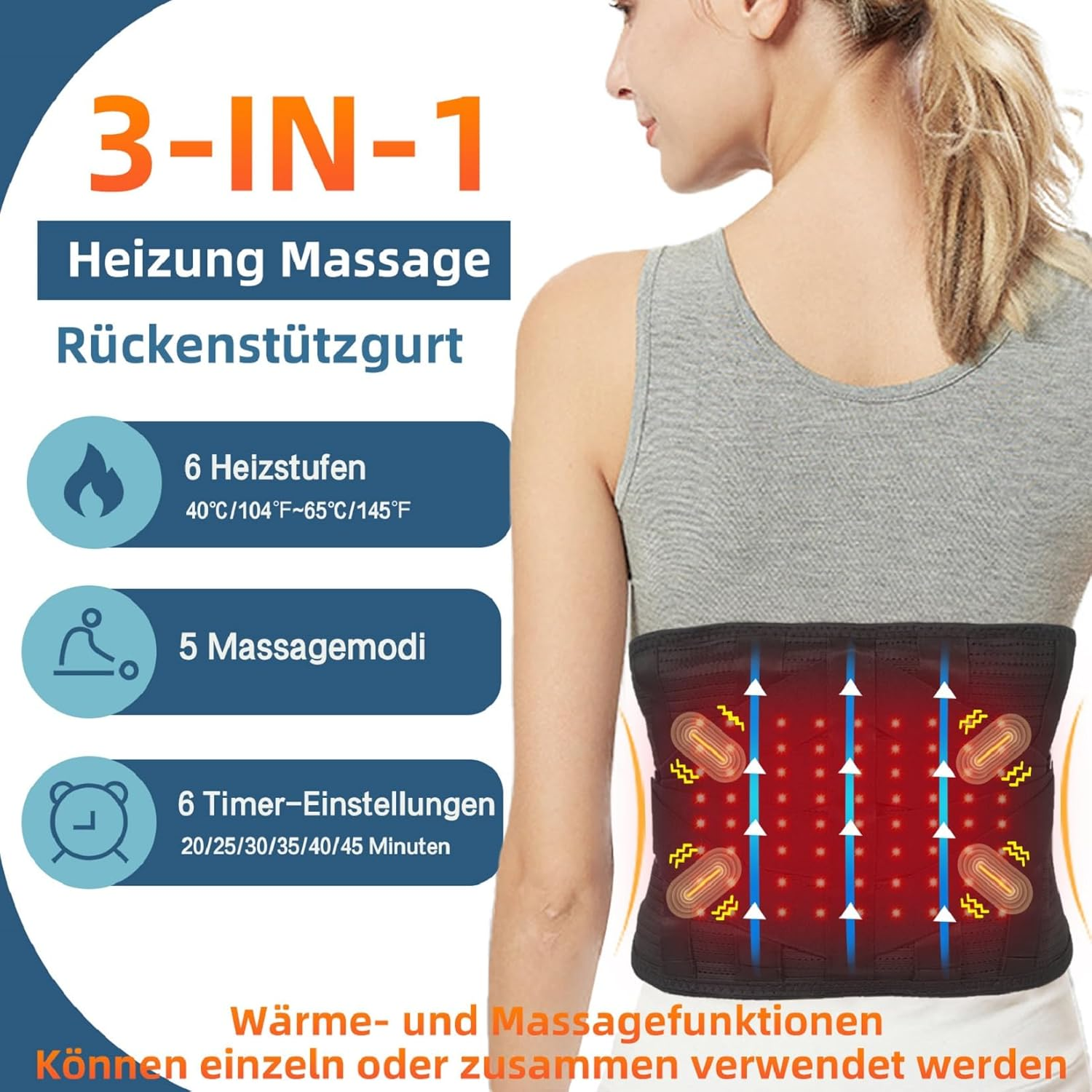 3-IN-1 Heizung Massage Rückenstützgurt mit 6 Heizstufen, 5 Massagemodi, 6 Timer.