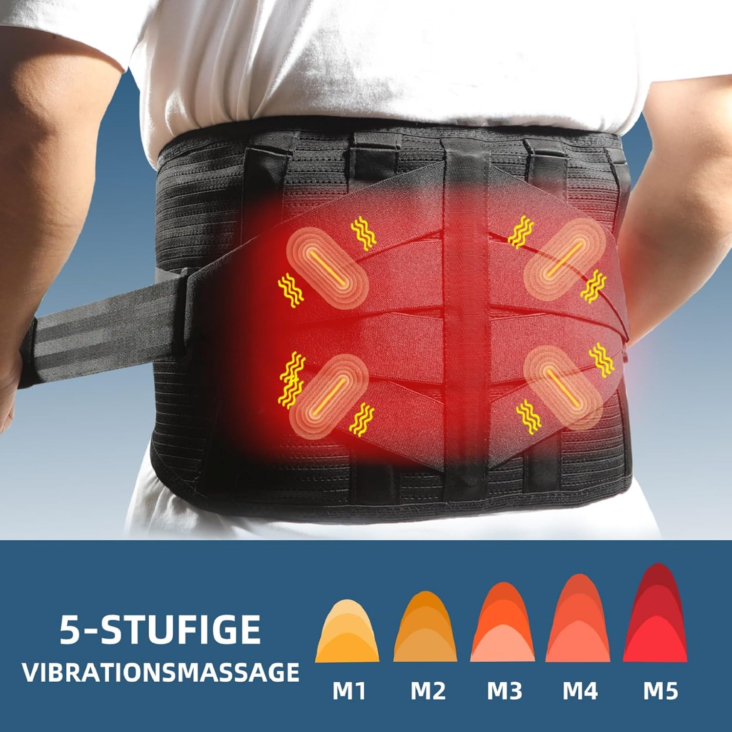 Rückenbandage mit roten Wärme- und Vibrationssymbolen und 5 Massageintensitäten.