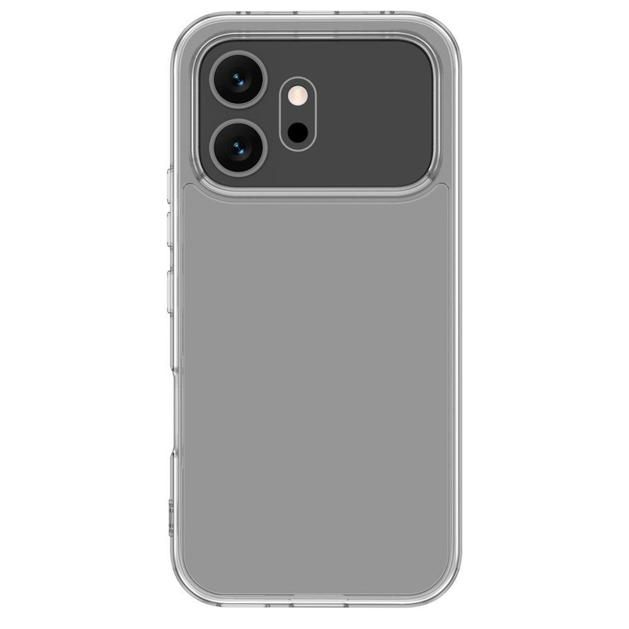 Eine transparente Hülle für ein Smartphone mit einer grauen Rückseite und einer Kameraanordnung.
