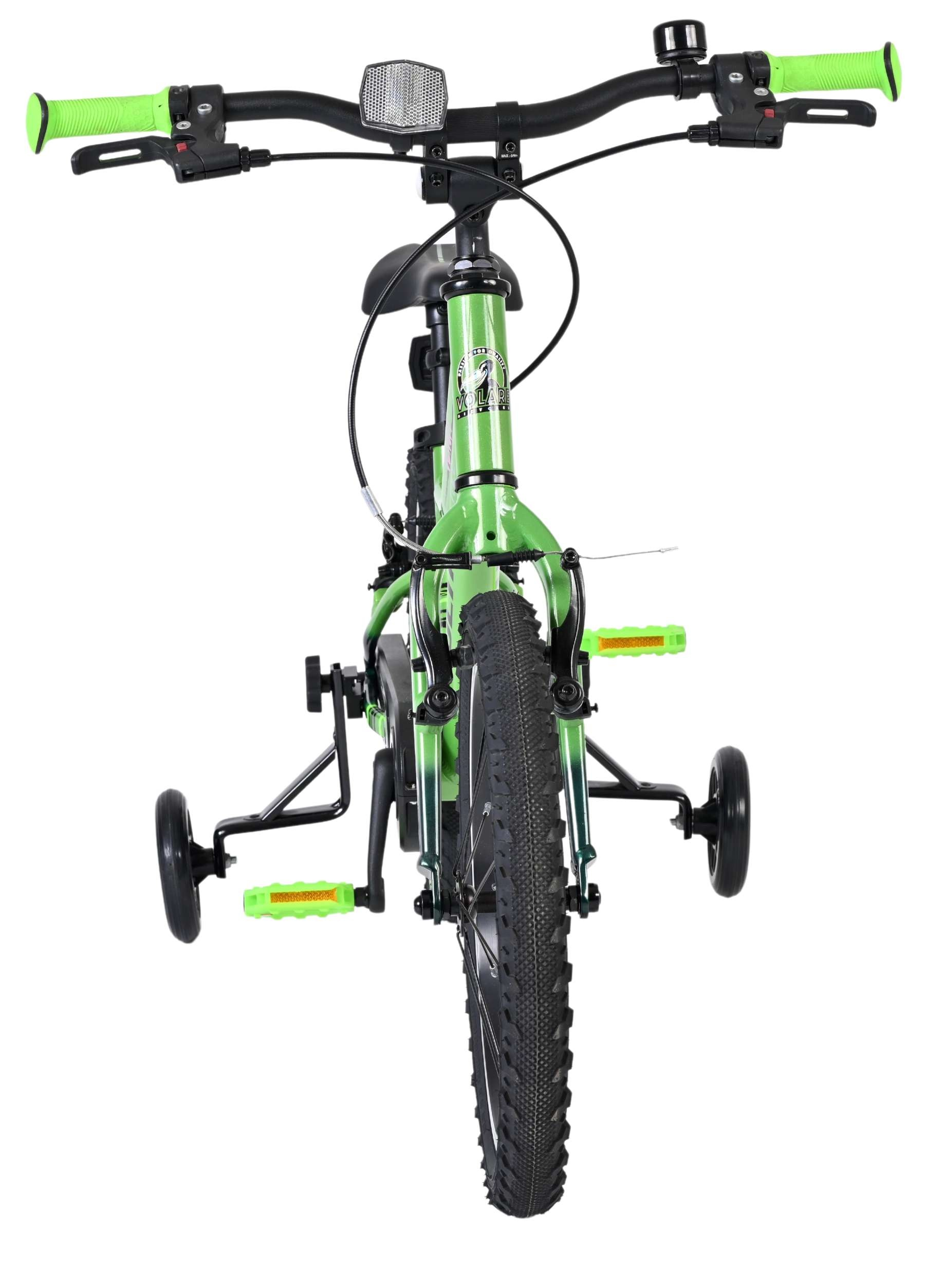 Grünes Kinderfahrrad mit Stützrädern, Vorderansicht.