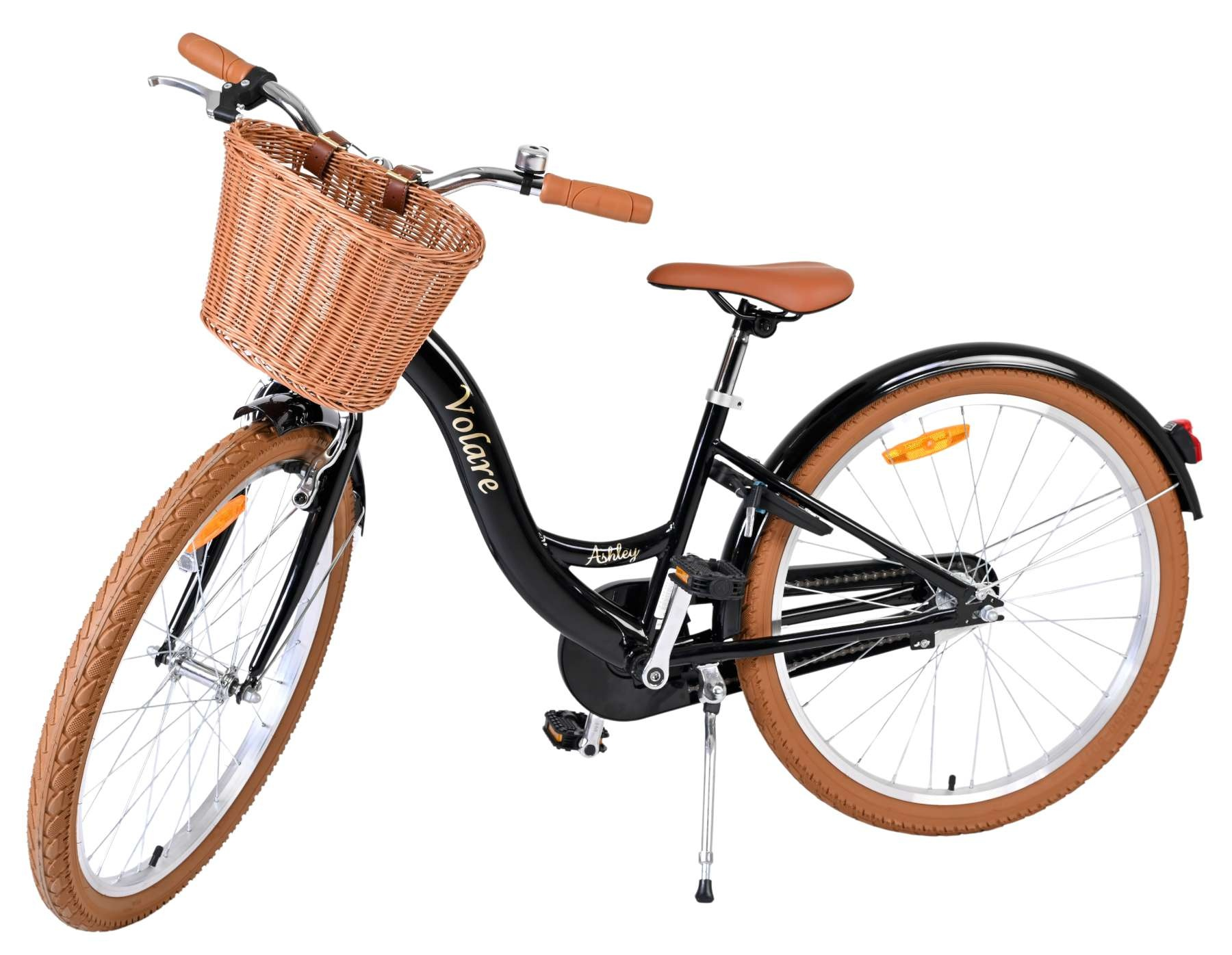 Schwarzes Fahrrad mit braunem Korb, Sitz und Reifen, weißer Hintergrund.