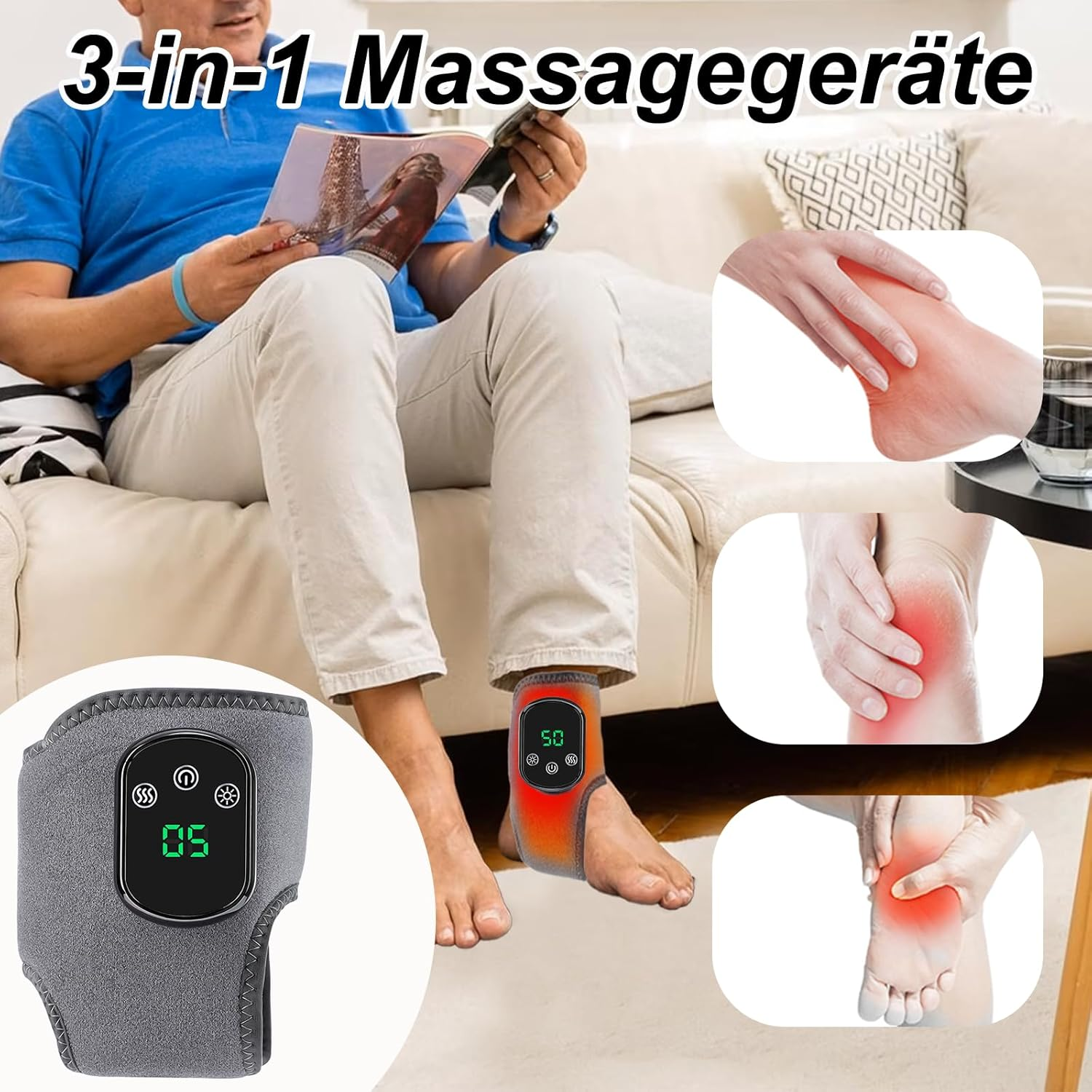 Mann liest Buch, trägt Fußmassagegerät. Nahaufnahmen von schmerzenden Füßen.