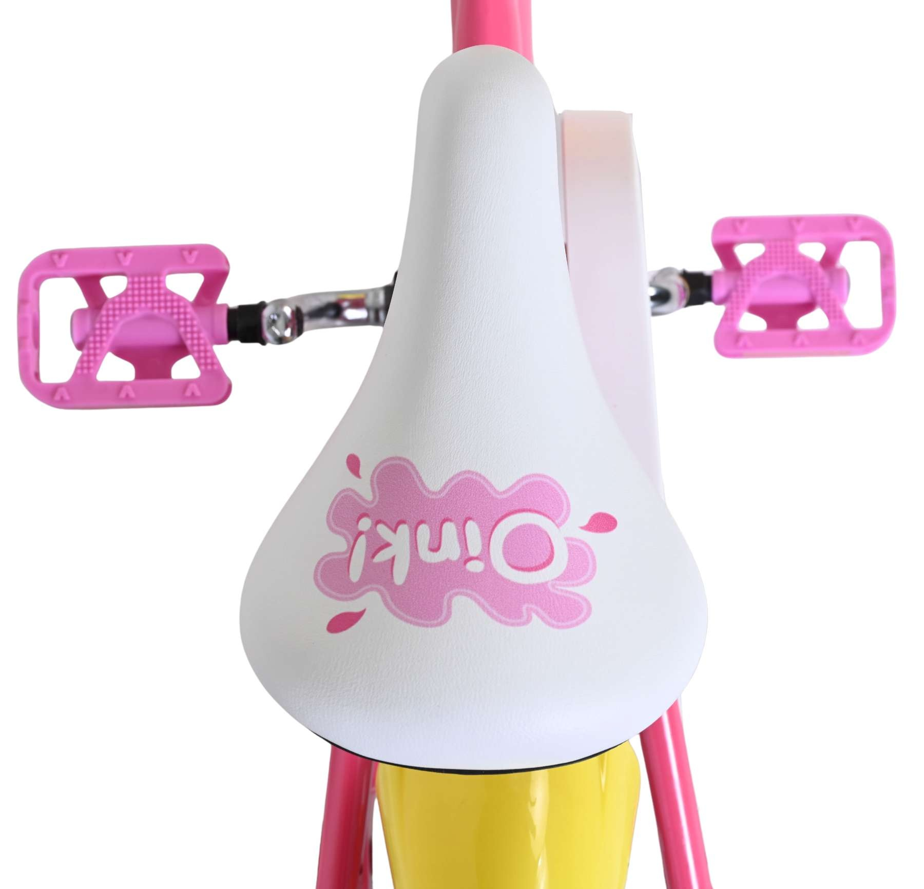 Weißer Fahrradsitz mit pinker 'Oink!'-Grafik, pinken Pedalen und pinkem Rahmen.