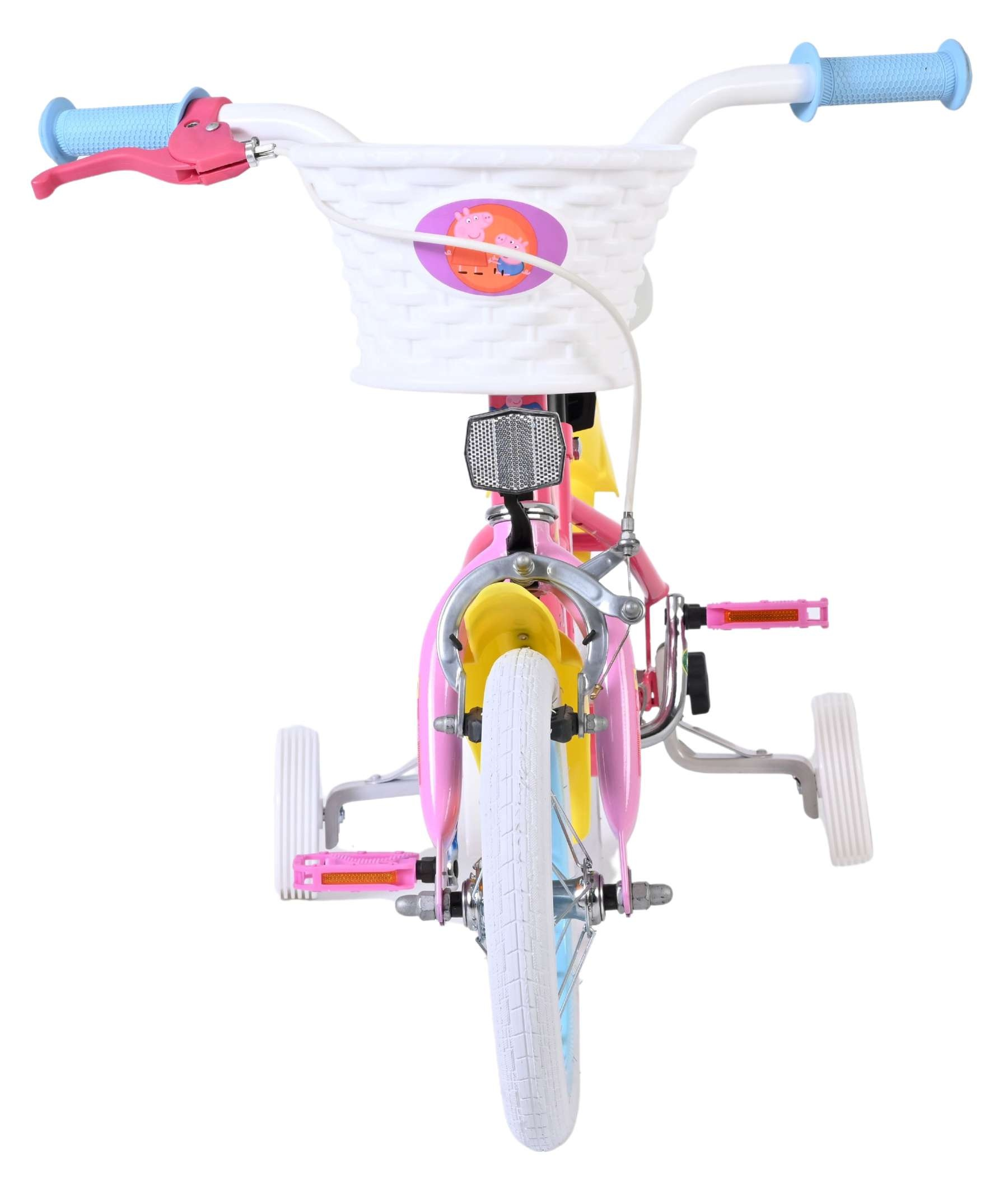 Ein rosa Kinderfahrrad mit Stützrädern, einem weißen Korb und Peppa Wutz-Aufkleber.