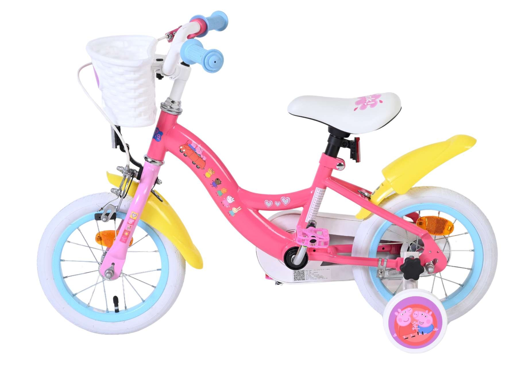 Ein rosa Kinderfahrrad mit Stützrädern, einem weißen Korb und Peppa Wutz-Aufklebern.