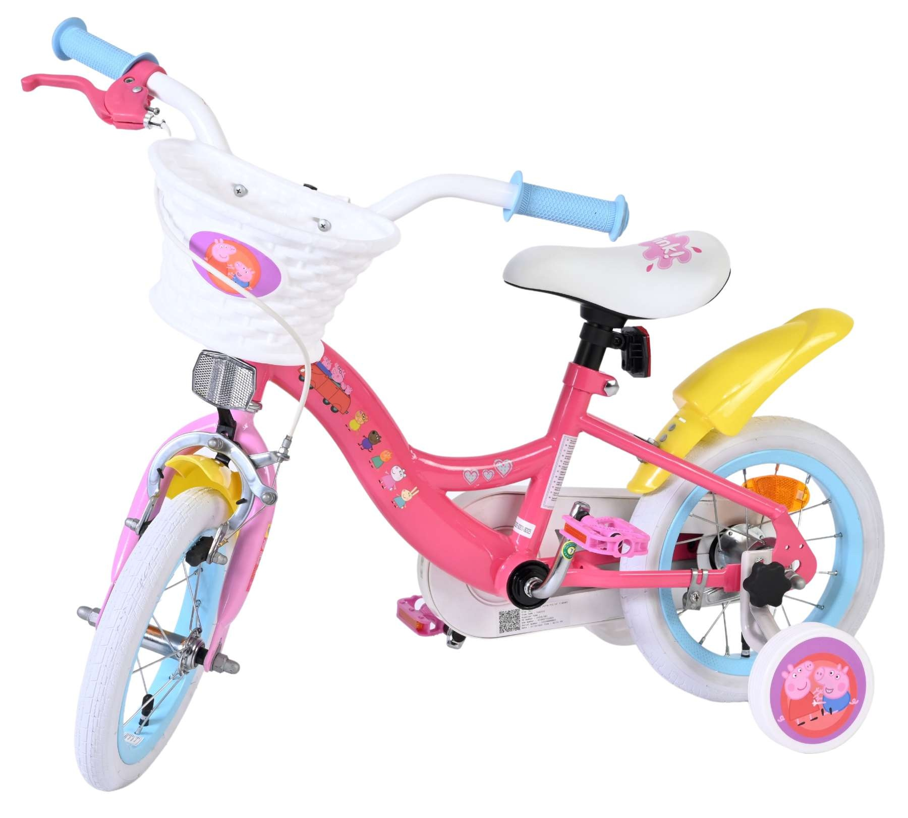 Rosa Peppa Wutz Kinderfahrrad mit Stützrädern, weißem Korb und blauen Lenkern.