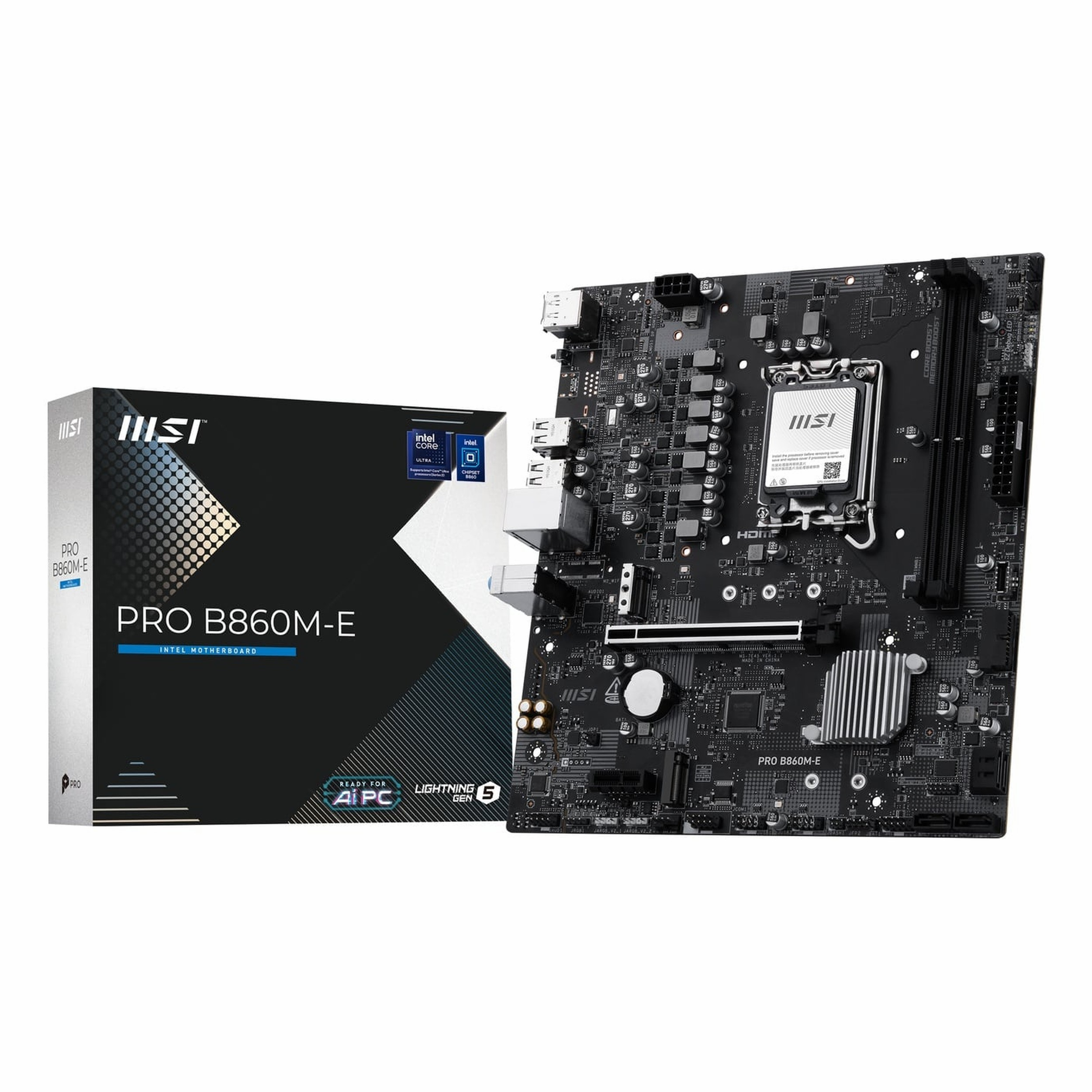 MSI PRO B860M-E Intel anakart ve beyaz arka plan üzerinde ambalajı.
