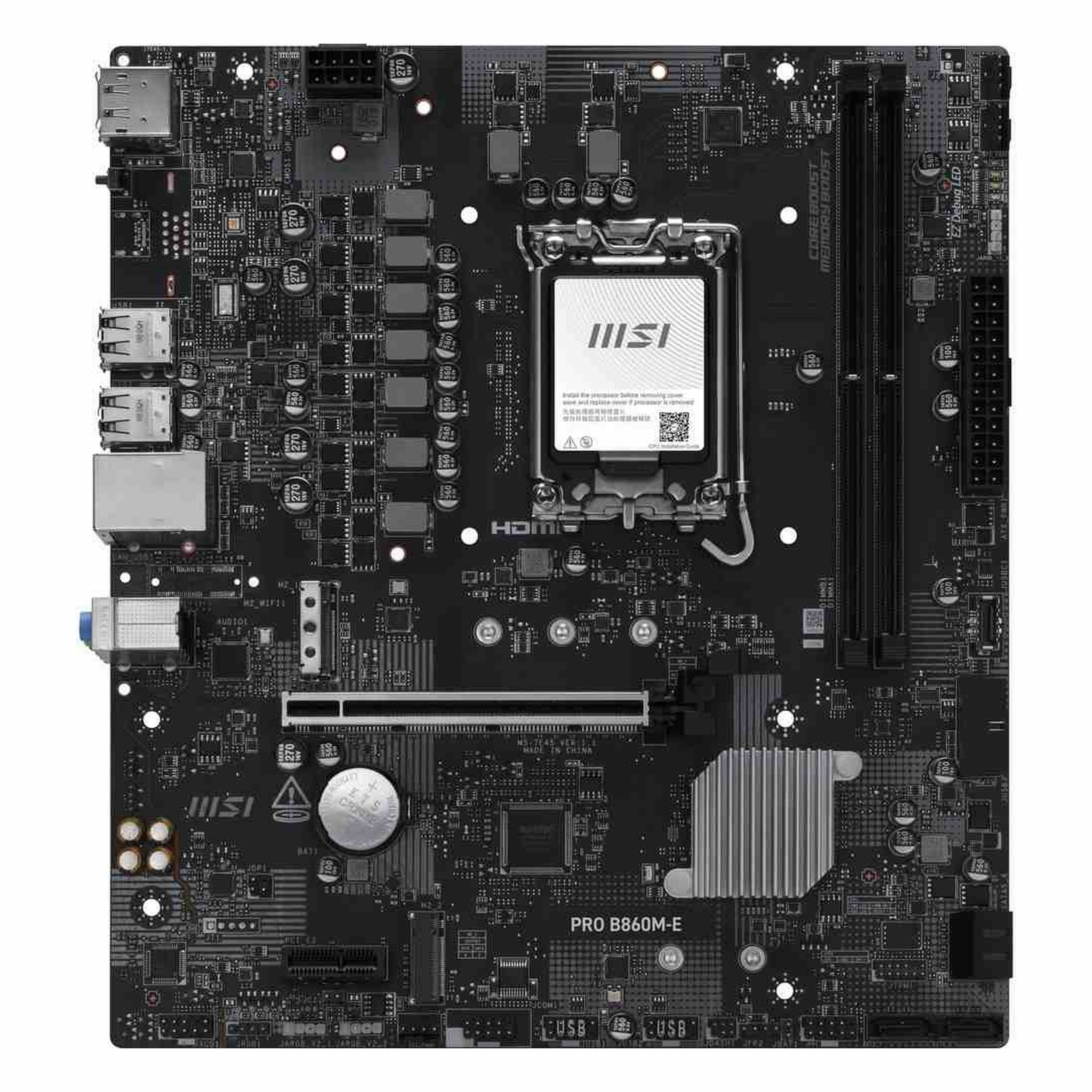Çok sayıda bileşen ve konektöre sahip siyah bir MSI PRO B860M-E anakart.