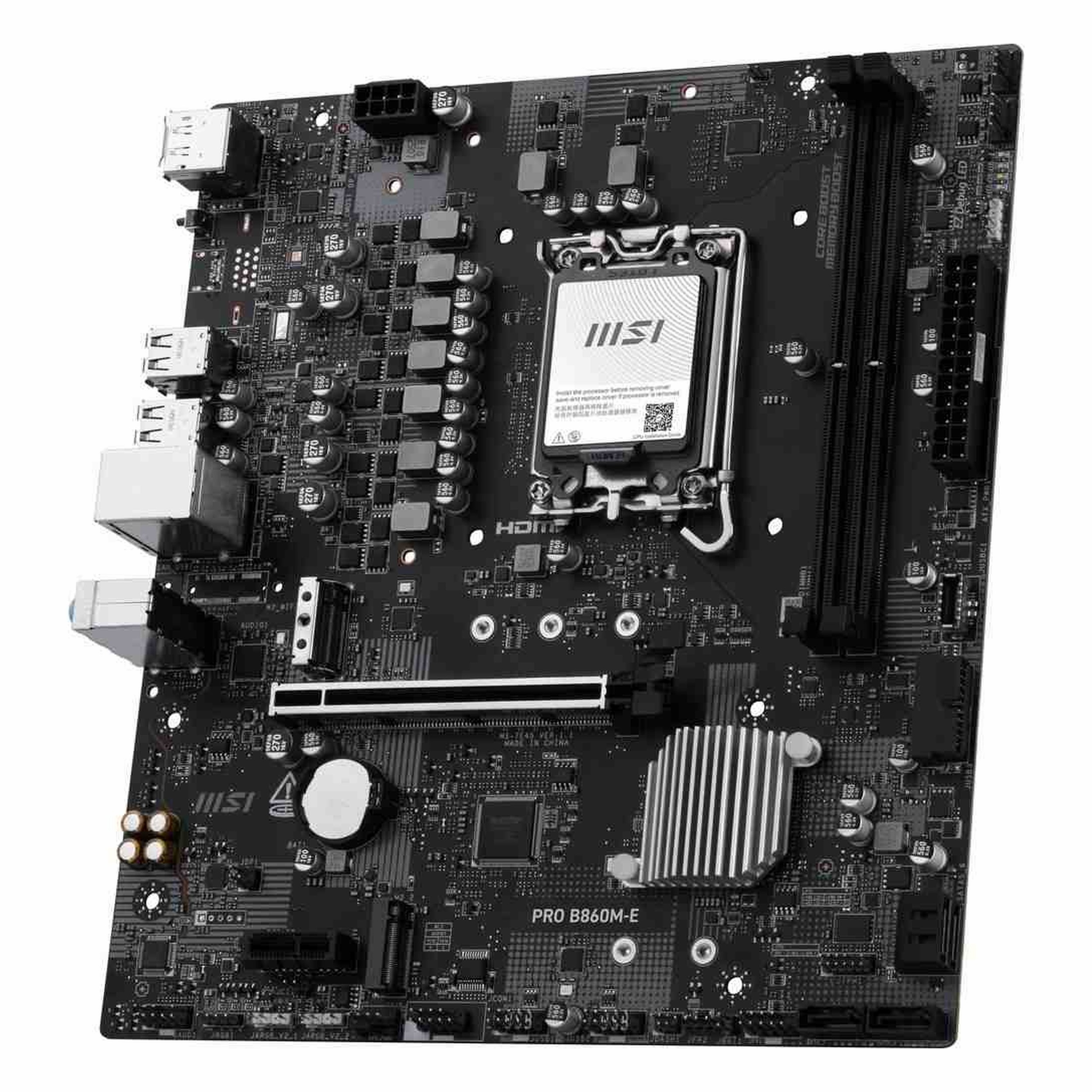 CPU soketi, RAM yuvaları ve konektörlere sahip siyah anakart.