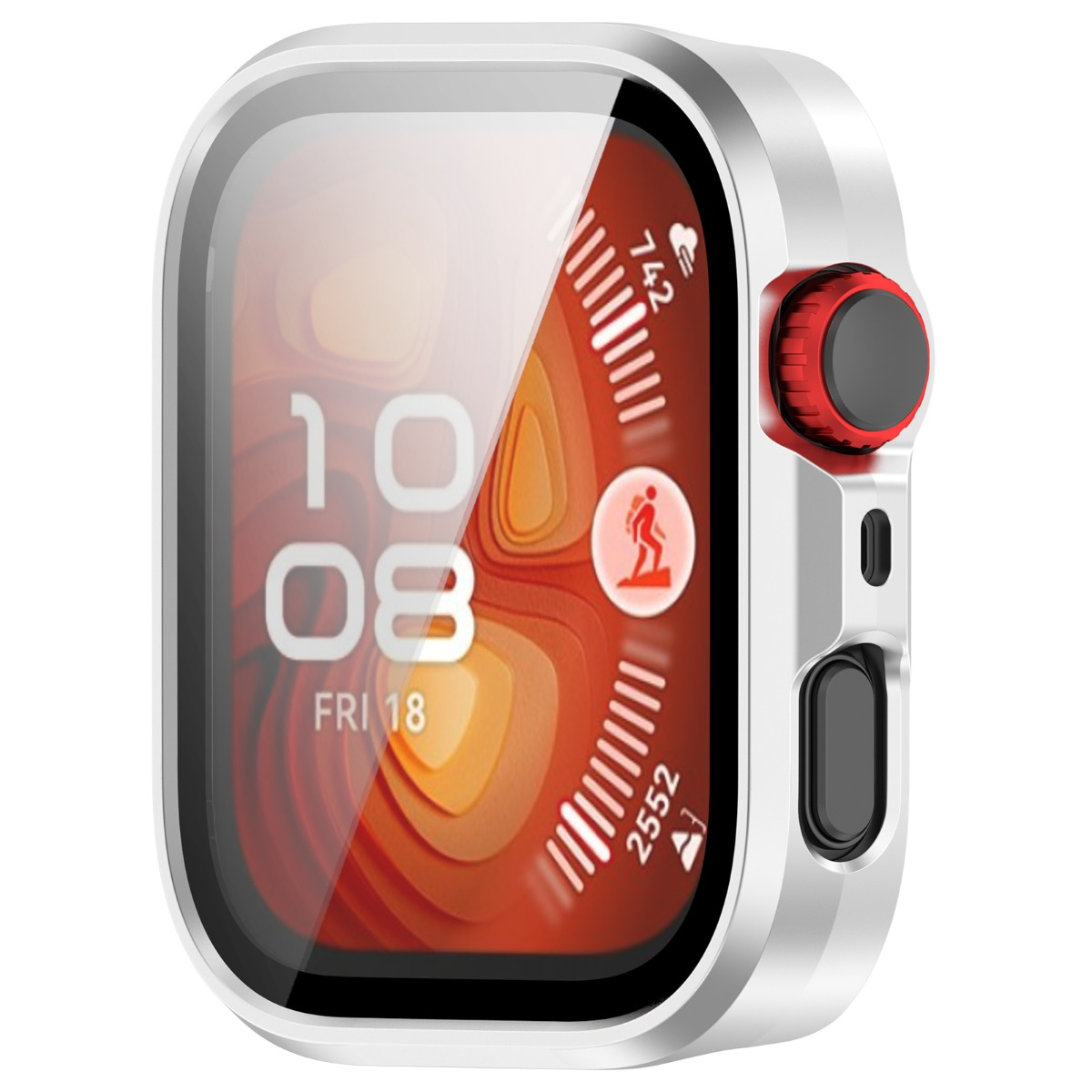 Eine silberne Smartwatch mit roter Lünette und einem digitalen Zifferblatt, das 10:08 Uhr anzeigt.