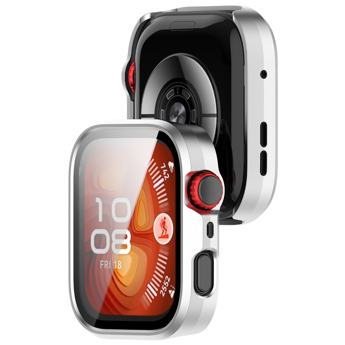 Zwei Smartwatches mit silbernem Gehäuse und roten Akzenten, eine mit Display.
