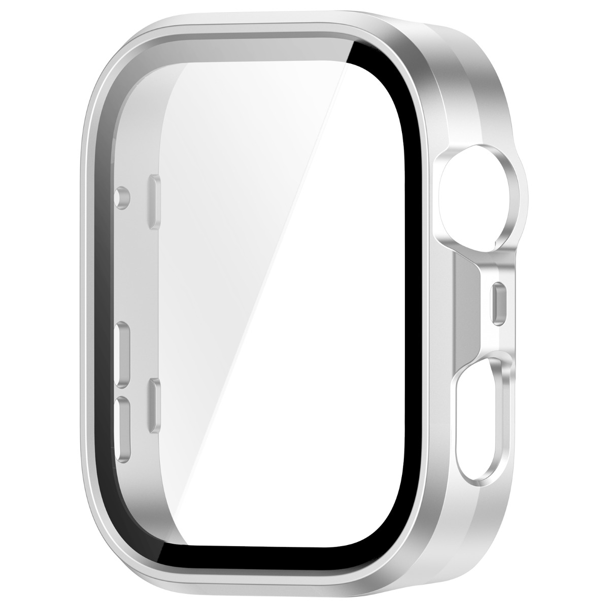 Silberner Schutzrahmen mit klarer Displayschutzfolie für eine Smartwatch.