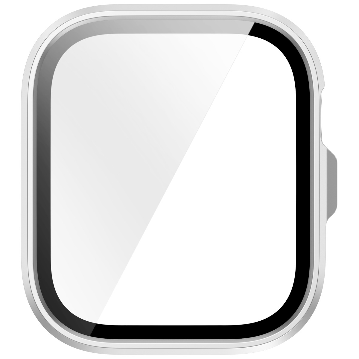 Ein silberner Schutzrahmen für eine Smartwatch mit schwarzem Rand.