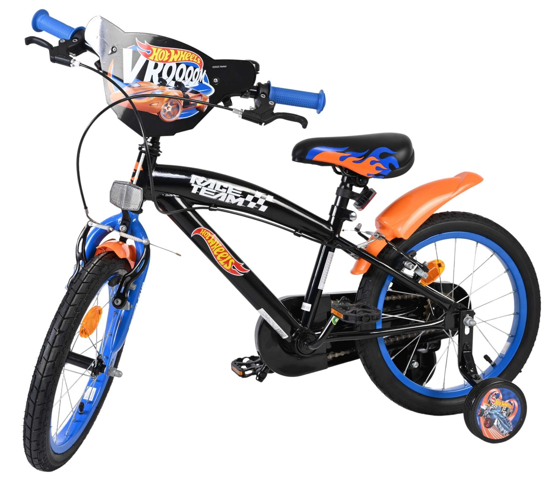 Schwarzes Hot Wheels Fahrrad mit blauem Lenker, orangem Schutzblech und Flammen-Sattel.