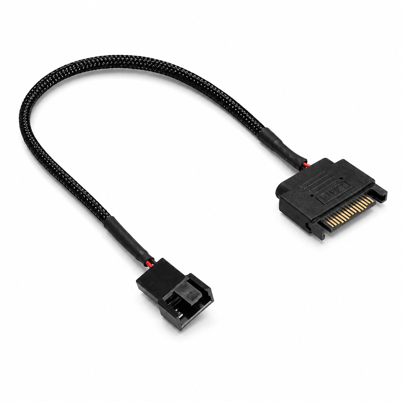 Ein schwarzes geflochtenes Kabel mit einem SATA-Anschluss und einem 4-Pin-Molex-Anschluss.
