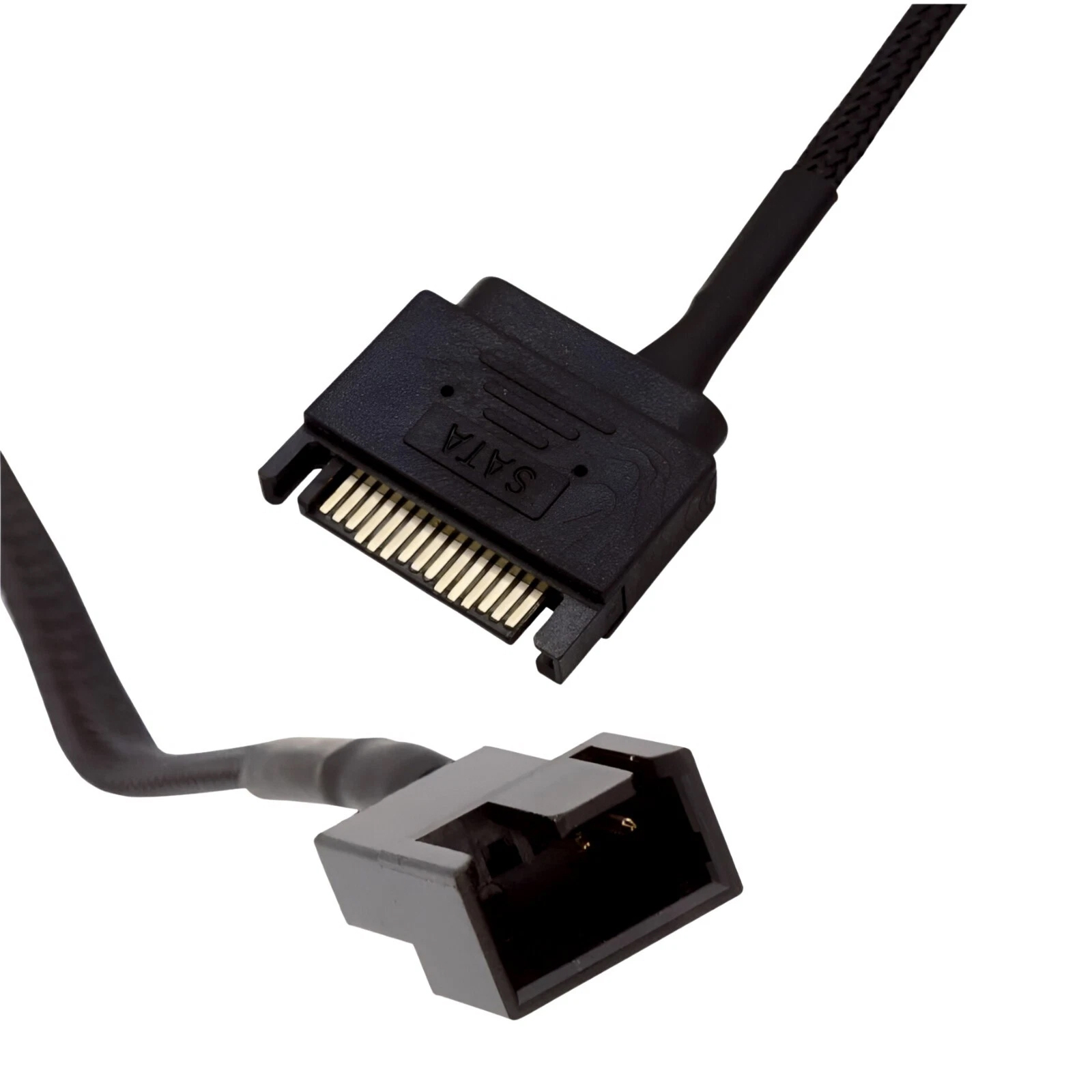 Ein schwarzes SATA-Datenkabel und ein Stromkabel mit Anschlüssen.