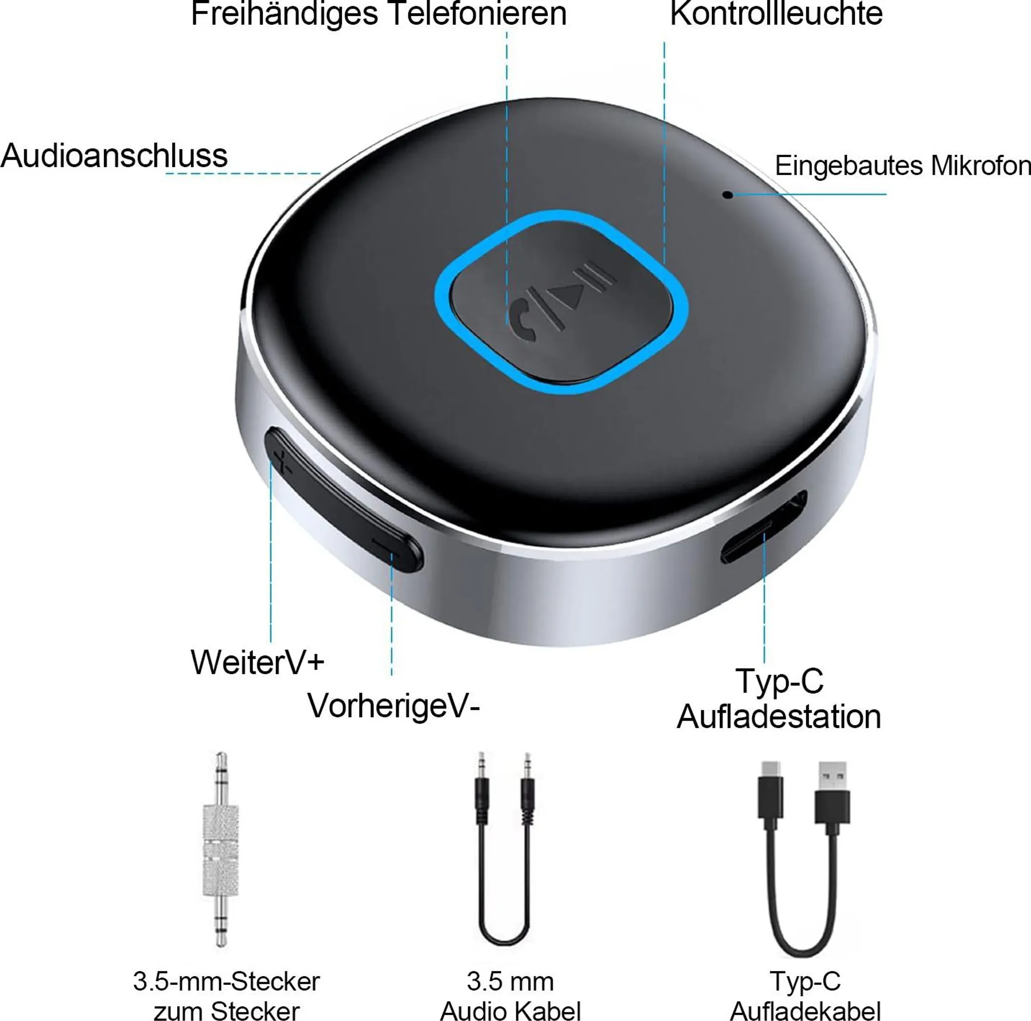 Ein schwarzer Bluetooth-Empfänger mit silbernem Rand. Mit Tasten und Anschlüssen.