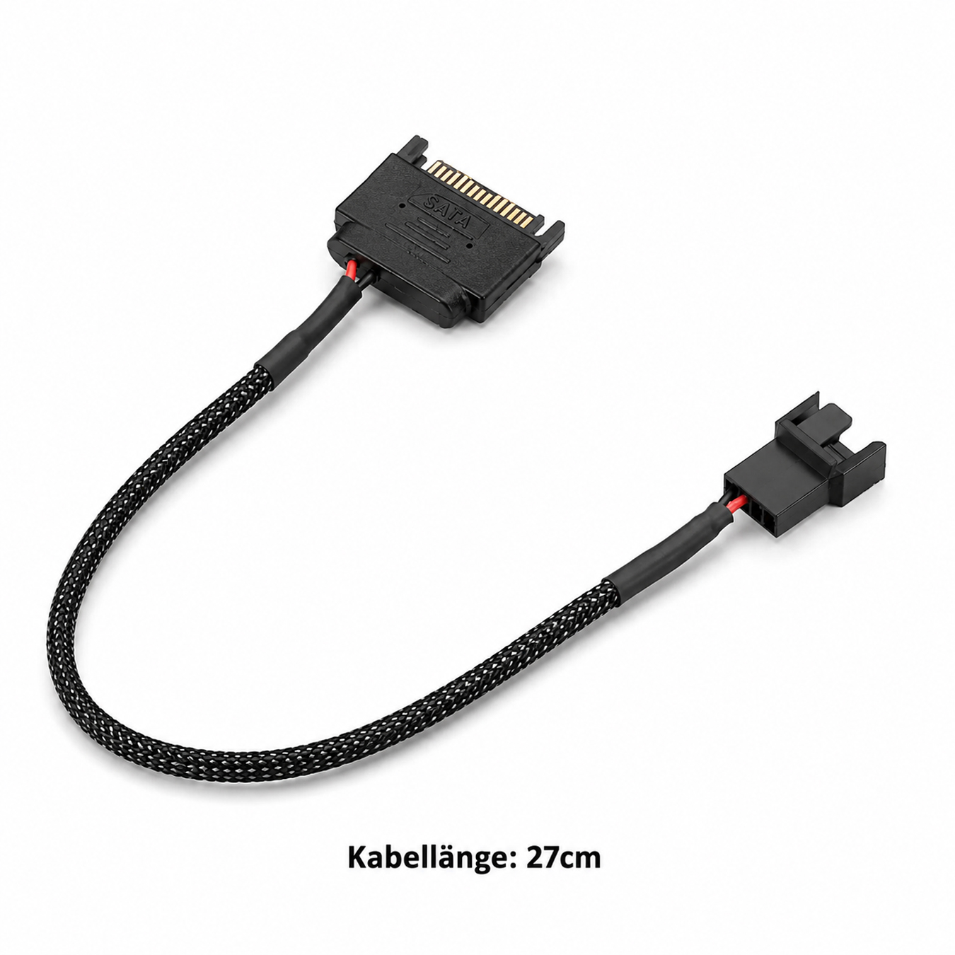Schwarzes SATA-Stromkabel mit 27cm Länge, isoliertem Stecker und schwarzer Ummantelung.