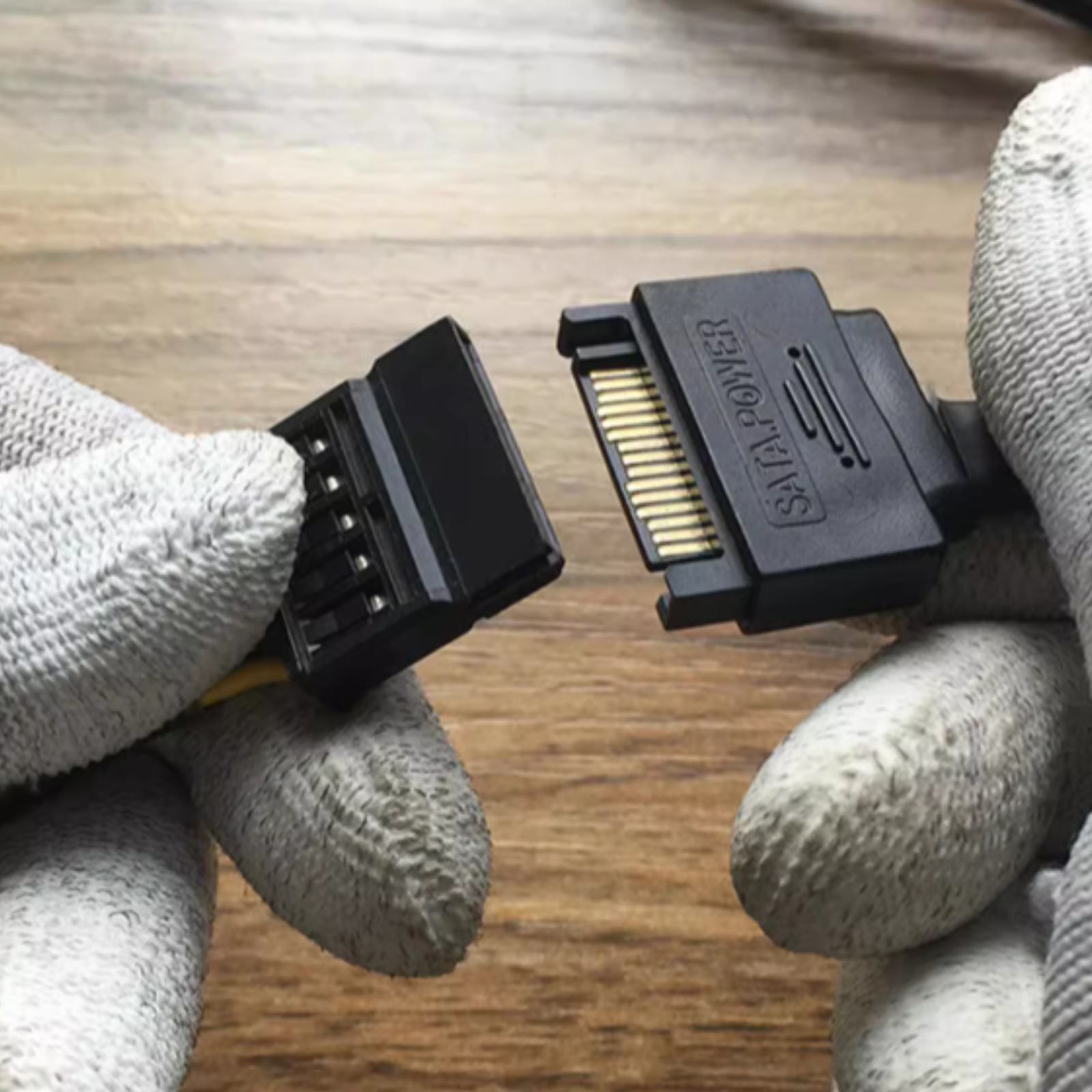 Hände in weißen Handschuhen halten SATA-Stromkabeladapter, bereit zum Verbinden.