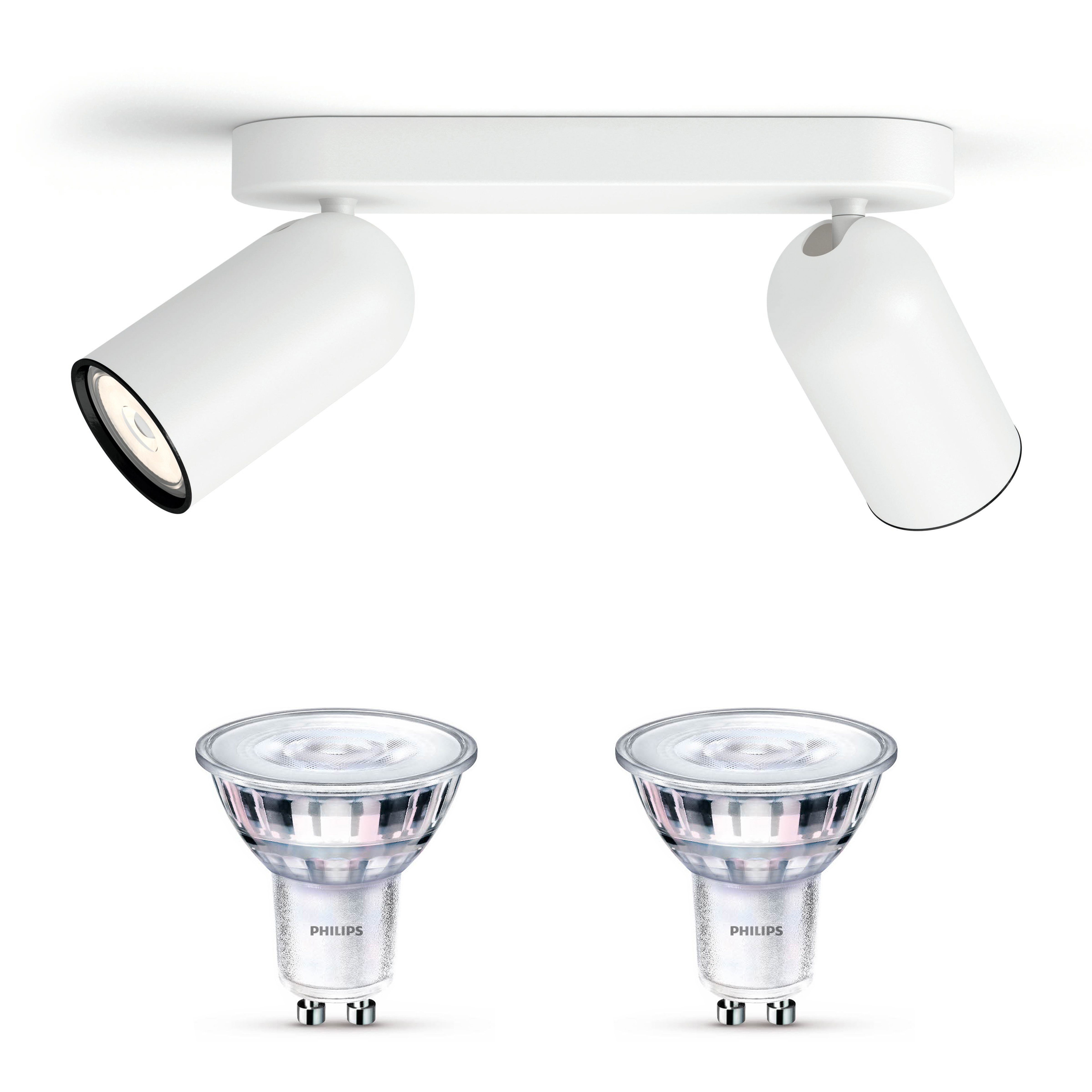 Ein weißer Deckenstrahler mit zwei verstellbaren Köpfen und zwei GU10-LED-Lampen.