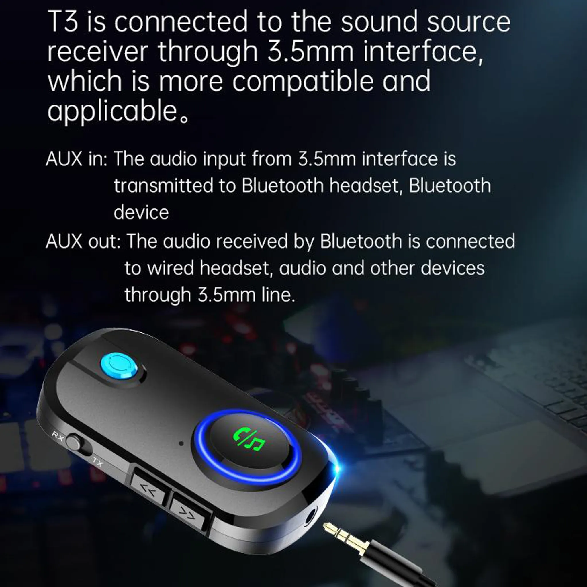 Ein schwarzer Bluetooth-Audio-Empfänger/Sender mit 3,5-mm-Anschluss und Knöpfen.