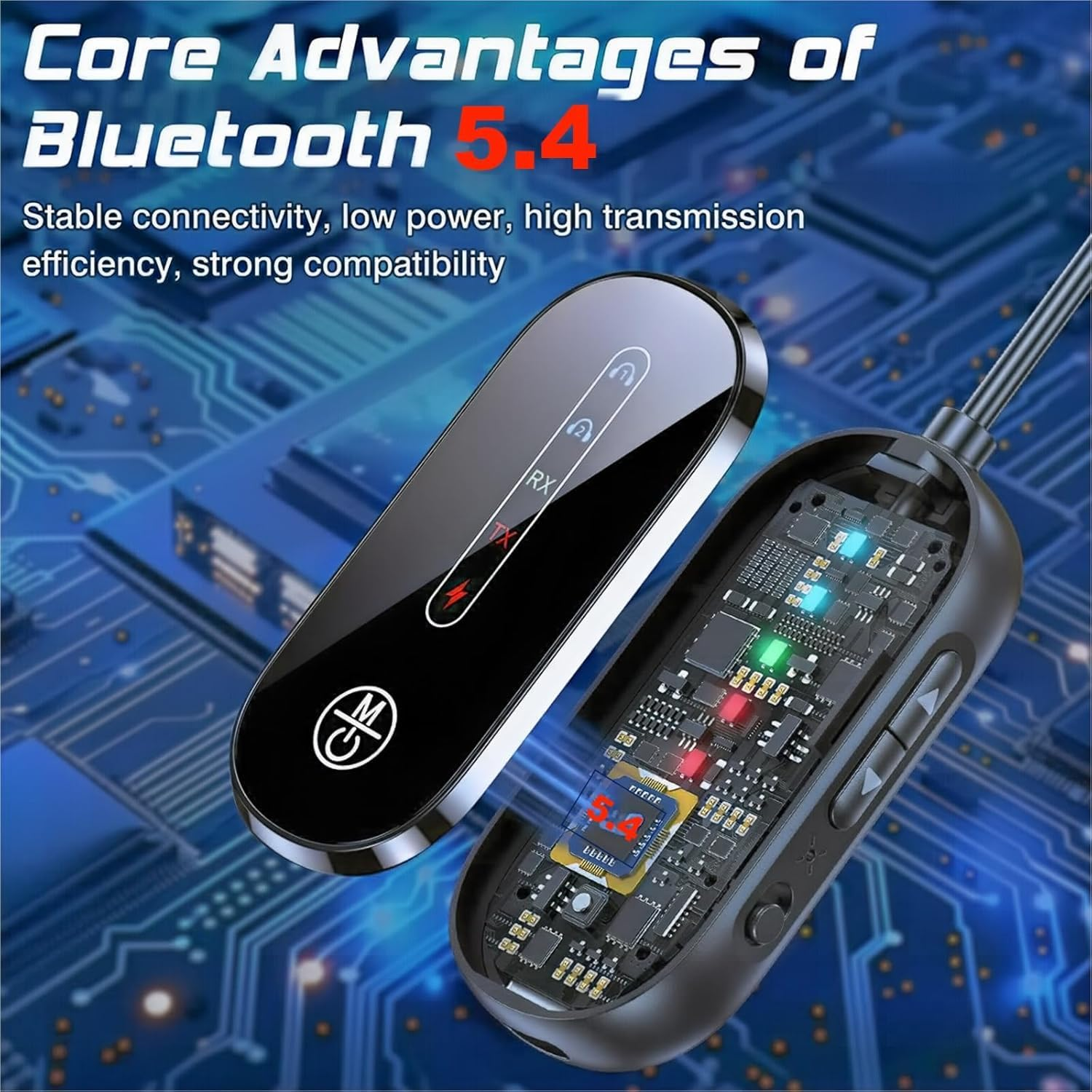 Bluetooth 5.4 Empfänger mit Schaltkreisdetails und Text.