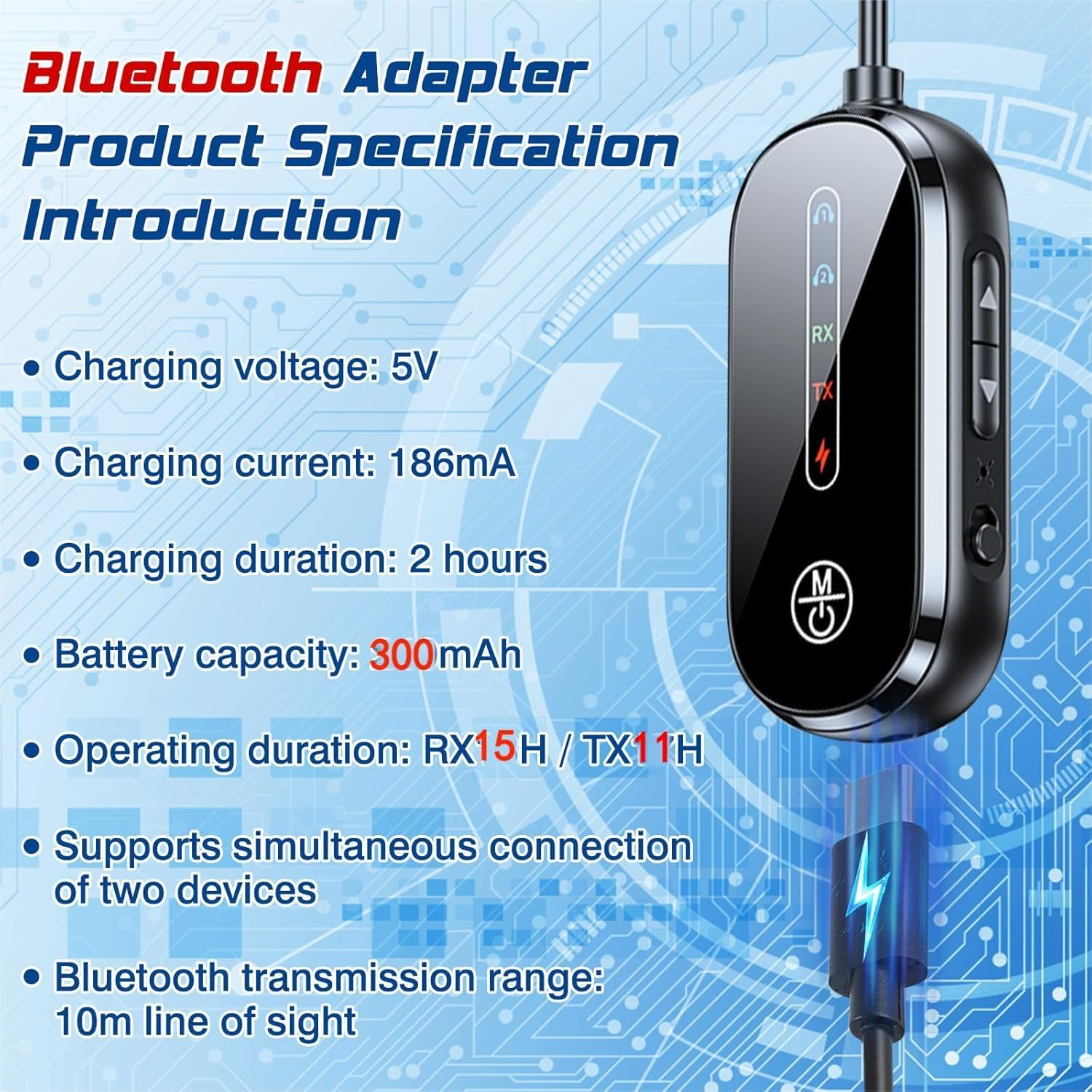 Bluetooth-Adapter Spezifikationen: 5V, 186mA, 2 Std Ladezeit, 300mAh Akku.