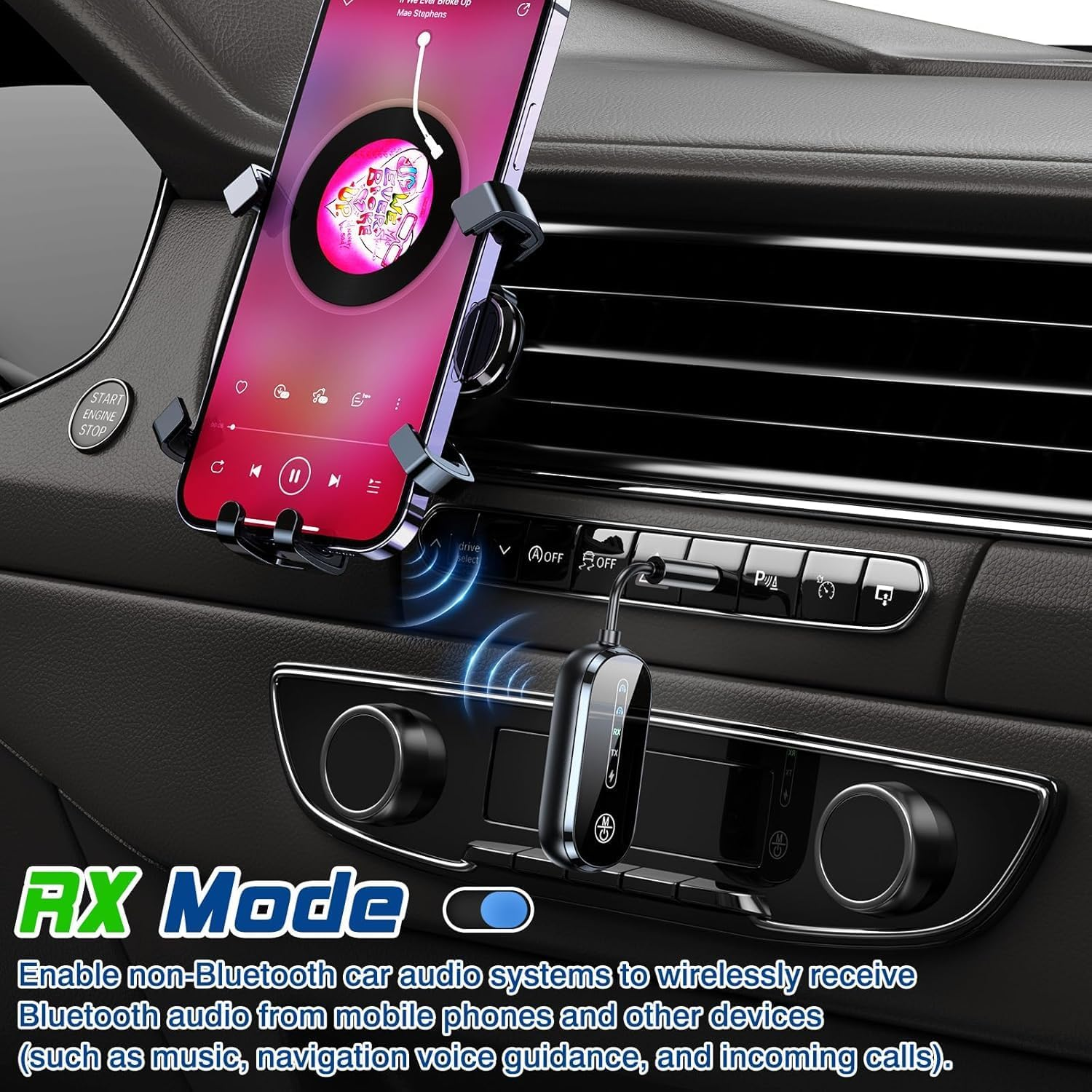 Ein Smartphone mit Musik-App ist in einer Autohalterung befestigt.