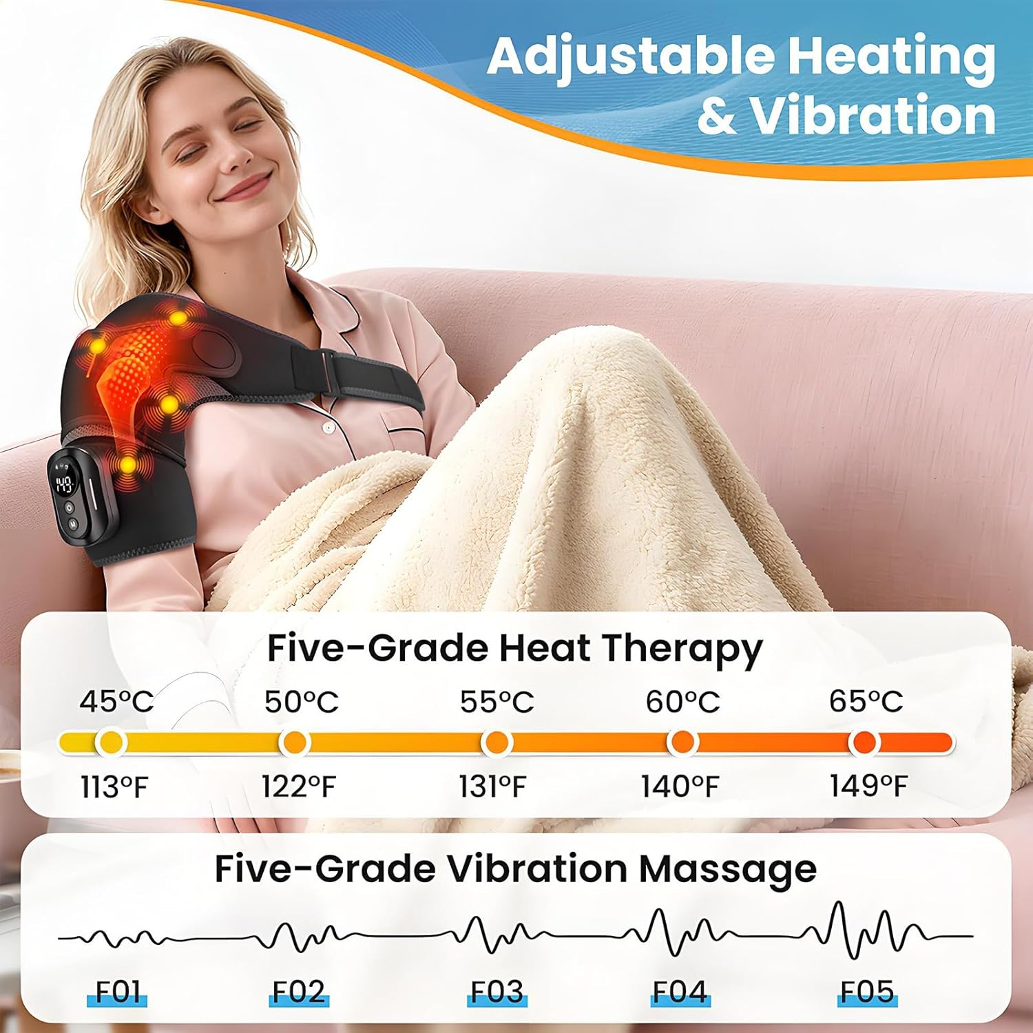 Frau mit Heiz- und Vibrations-Schultergurt, zeigt Temperatur- und Vibrationsstufen.