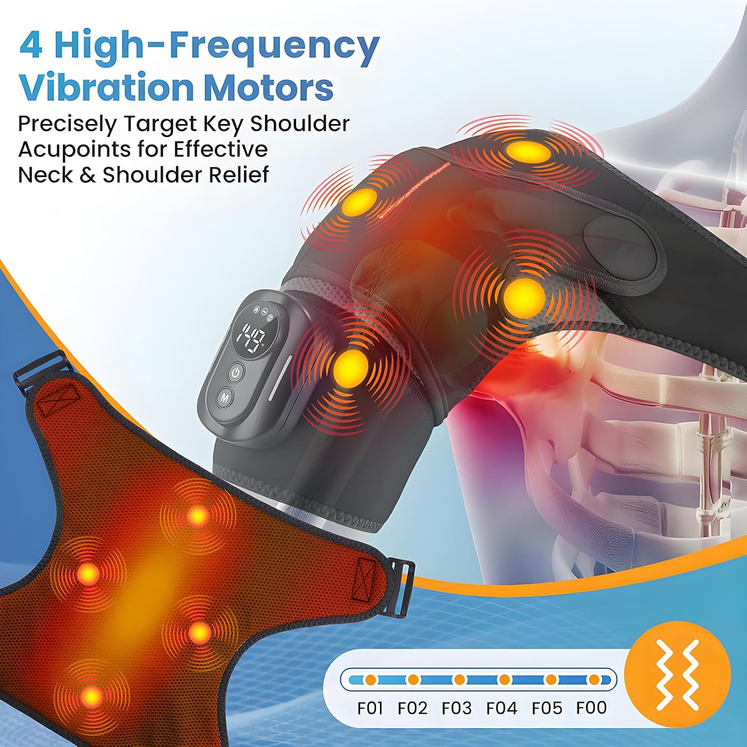 Schulter-Massagegerät mit 4 Vibrationsmotoren, Heizfunktion und digitaler Anzeige.