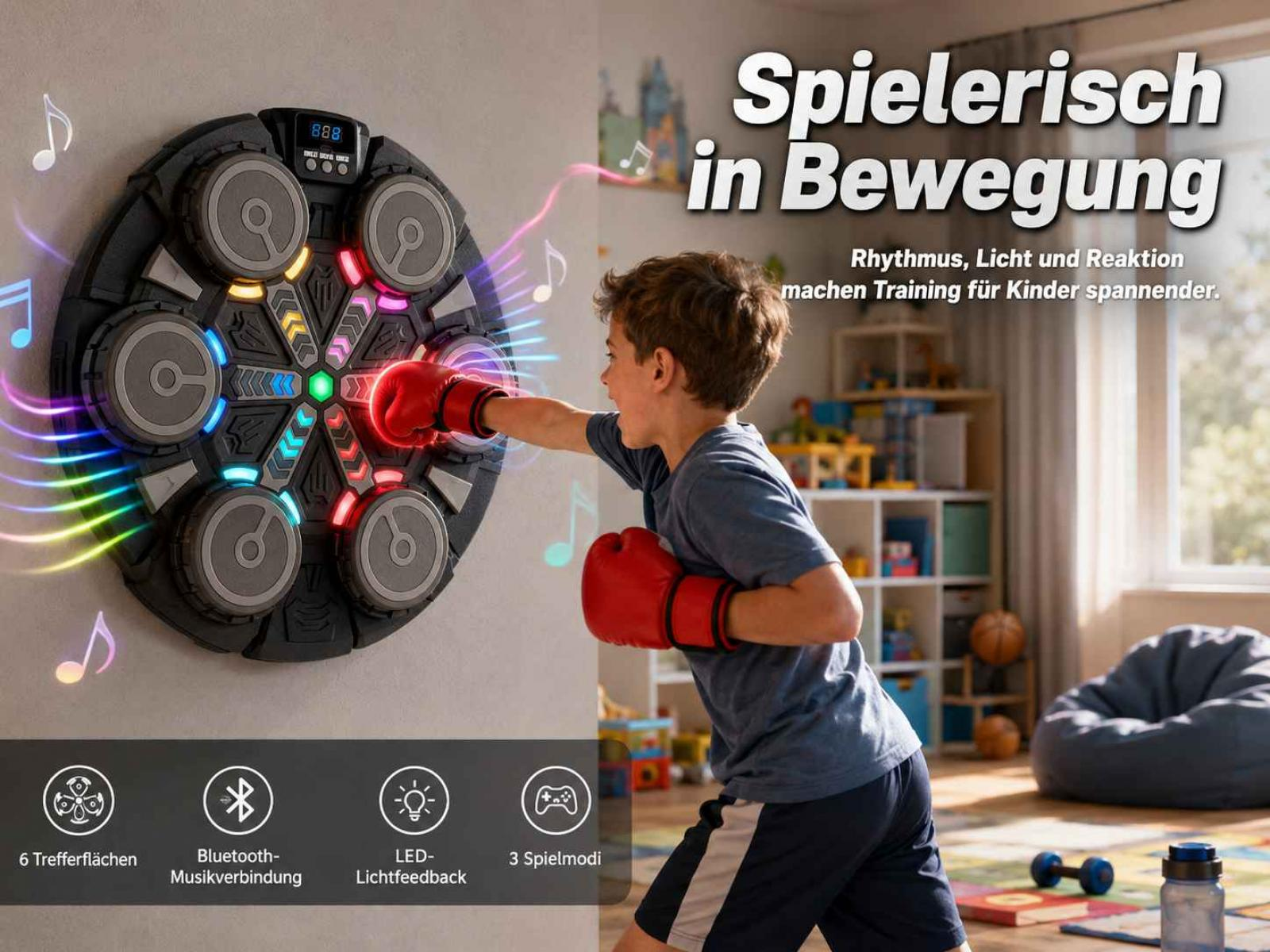 Junge mit Boxhandschuhen trainiert an einer beleuchteten Punchingwand.